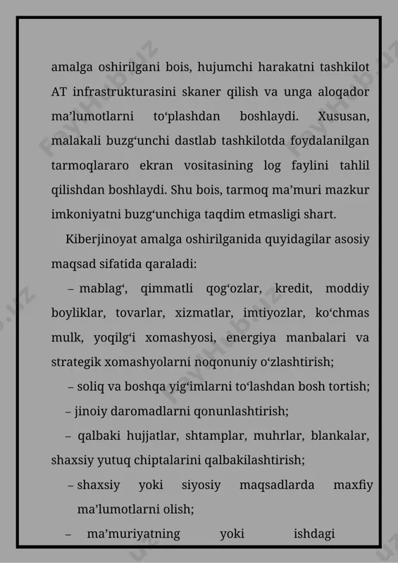 rning o‘rni qonunda belgilangan tartibda qoplanishi yoki ma’naviy ziyon kompensasiya qilinishi huquqiga ega. 11- modda. axborotni muhofaza etish har qanday axborot, agar u bilan qonunga xilof ravishda muomalada bo‘lish axborot mulkdori, egasi, axborotdan foydalanuvchi va boshqa shaxsga zarar yetkazishi mumkin bo‘lsa, muhofaza etilmog‘i kerak. axborotni muhofaza etish: · shaxs, jamiyat va davlatning axborot sohasidagi xavfsizligiga tahdidlarning oldini olish; – axborotning maxfiyligini ta’minlash, tarqalishi, o‘g‘irlanishi, yo‘qotilishining oldini olish; – axborotning buzib talqin etilishi va soxtalashtirilishining oldini olish maqsadida amalga oshiriladi. 13-modda. shaxsning axborot borasidagi xavfsizligi shaxsning axborot borasidagi xavfsizligi uning axborotdan erkin foydalanishi zarur sharoitlari va kafolatlarini yaratish, shaxsiy hayotiga taalluqli sirlarini saqlash, axborot vositasida qonunga xilof ravishda ruhiy ta’sir ko‘rsatilishidan himoya qilish yo‘li bilan ta’minlanadi. jismoniy shaxslarga taalluqli shaxsiy ma’lumotlar maxfiy axborot toifasiga kiradi. jismoniy shaxsning roziligisiz uning shaxsiy hayotiga taalluqli axborotni, xuddi shuningdek, shaxsiy hayotiga taalluqli sirini, yozishmalar, telefondagi so‘zlashuvlar, pochta, telegraf va boshqa muloqot sirlarini buzuvchi axborotni to‘plashga, …