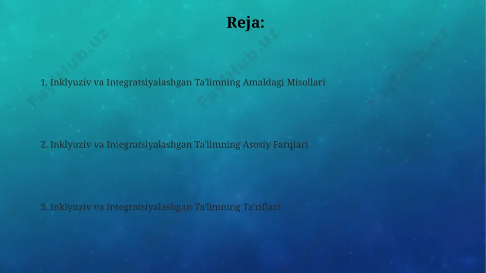 arning o'ziga bo'lgan ishonchini 30% ga oshirgan va ijtimoiy moslashuvchanlik ko'rsatkichlarini yaxshilashga yordam bergan. inklyuziv ta'lim samarqanddagi maktablarda qo'llanilishi natijasida, 2022 yilgi statistikaga ko'ra, maxsus ehtiyojli bolalar sonining 25% kamroq maxsus ta'lim muassasalariga murojaat qilishini ta'minladi, bu esa integratsiya jarayonini samaraliroq qildi. inklyuziv yondashuv, masalan, toshkent shahridagi 15-maktab tajribasida ko'rsatilganidek, turli ehtiyojlarga ega bo'lgan 100 dan ortiq o'quvchining akademik muvaffaqiyatini 15% ga oshirishga yordam berdi, bu esa umumta'lim maktablarining inklyuzivlik darajasini yuqorilatadi. integratsiyalashgan ta'limning afzalliklari integratsiyalashgan ta'lim, masalan, 10-15 nafar talabaga ega boʻlgan kichik sinflar tufayli, oʻquvchilarga individual yondashuvni ta'minlash imkoniyatini beradi va shu bilan birga, samarqanddagi tajribalar shuni koʻrsatadiki, oʻquv natijalarini yaxshilaydi. integratsiyalashgan ta'lim yondashuvi, 5 dan ortiq turdagi oʻquv faoliyatini birlashtirib, masalan, amaliy mashgʻulotlar, oʻyinlar va loyihalar orqali, andijonda oʻquvchilarning bilim va koʻnikmalarini kengaytirishga yordam beradi. integratsiya qilingan ta'lim modeli, 30% ga yaqin oʻquvchilarning oʻziga xos ehtiyojlarini aniqlash va ularga moslashuvchan dasturlarni yaratishga imkon beradi, shu bilan birga …