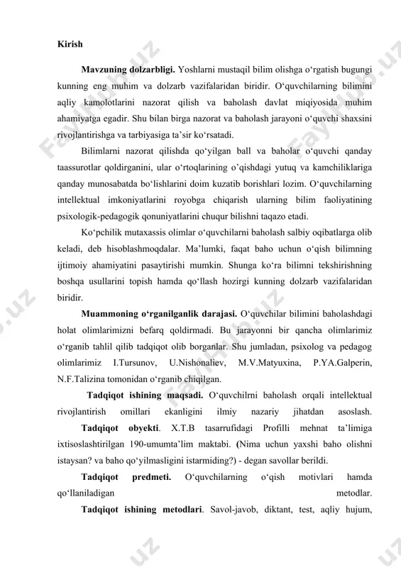 atini nazorat qilishnng 5 ballik yangi reyting tizimi ta’lim jarayoniga joriy etilganligi. tadqiqot ishining amaliy ahamiyati. tadqoqot natijalaridan maktab o‘qituvchilari foydalanishlari mumkin. kurs ishining tarkibiy tuzilishi. kurs ishining , kirish, 2 bob, 4 band, xulosa, tavsiyalar, ilova, tayanch ibora, adabiyotlar ro‘yxati va mundarijadan tashkil topgan. kurs ishining asosiy mazmuni 64 bet hajmda. umumiy hajm 62 bet yoshlarni mustaqil bilim olishga o‘rgatish bugungi kunning eng muhim va dolzarb vazifalaridan biridir. shuning uchun ham bizning birinchi prezidentimiz i.a.karimov o‘zbekiston respublikasi oliy majlisi ix sessiyasida so‘zlagan nutqida “faqatgina chinakkam ma’rifatli odam inson qadrini, millat qadrini, bir so‘z bilan aytganda o‘zligini anglash, erkin va ozod jamiyatda yashash mustaqil jamiyatimizning jahon hamjamiyatida o‘ziga munosib, obro‘li o‘rin uchun fidokorlik bilan kurashishi mumkin” degan edi. shu o‘rinda ta’kidlamoq lozimki bugungi kunda yoshlarni ma’naviy-intellektual rag’batlantirishning ahamiyati kattadir. o‘quvchilarning bilimini aqliy kamolotlarini nazorat qilish va baholash davlat miqiyosida muhim ahamiyatga egadir. shu bilan birga nazorat va baholash jarayoni o‘quvchi …