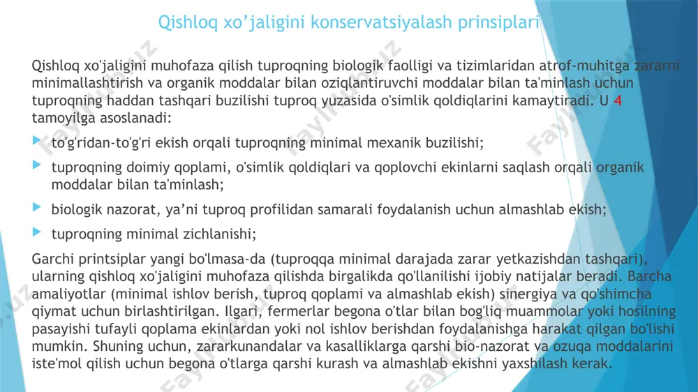 yaxshilash orqali yuqori hosildorlikni qayd etilgan; ikkinchisi tuproq organik c va n ning ko'payishi va urug'lik zonasida bir oz ph pasayishi bilan bog'liq (bessam va mrabet, 2003; mrabet va boshq., 2001a, 2001b). rachid mrabet falsafa fanlari doktori, institut national de recherche agronomique rabat, marokash tadqiqot direktori yerga har xil ishlov berishda tuproqdagi organik moddalar miqdori soil depth (cm)- qatlam chuqurligi organic matter content(%) – organik qoldiqlar miqdori direct seedling- to’g’ridan-to’g’ri ekish minimum tillage- minimal ishlov conventional tillage- an'anaviy ishlov berish 1-rasm. manba: fao, 2002 yil. uglerod sekvestrlanishini oshirish dunyo tuproqlari faol uglerodning (c) muhim rezervuarlari bo'lib, global uglerod aylanishida katta rol o'ynaydi. shunday qilib, yerdan foydalanish, tuproq va o'simliklarni boshqarishga qarab, tuproq atmosfera uchun co2 manbai yoki cho'kma bo'lishi mumkin (lal, 2005) (2-rasm). mahalliy ekotizimlarni (masalan, o'rmonlar, o'tloqlar va botqoq yerlar) qishloq xo'jaligi maqsadlariga aylantirish va o'simliklarni uzluksiz yig'ib olish o'simlik biomassasi va c ning sezilarli yo'qotilishiga olib keladi (davidson …