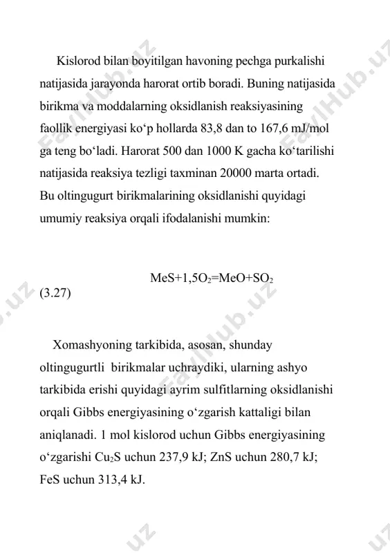 unday oltingugurtli birik​ma​lar uch​ray​diki, ularning ashyo tarkibida erishi quyidagi ayrim sulfit​larning oksidlanishi orqali gibbs energiyasining o‘zgarish kattaligi bilan aniq​lanadi. 1 mol kislorod uchun gibbs energiyasining o‘zgarishi cu2s uchun 237,9 kj; zns uchun 280,7 kj; fes uchun 313,4 kj. purkalayotgan havoning tarkibida kislorod konsentratsiyasining ortishi oltingugurtning to‘liq va mukammal oksidlanishiga olib kela​digan omillardan biridir. d.m.chijikov o‘zining xodimlari bilan oltingugurtli metallar​ning, havo tarkibidagi kislorodning konsentratsiyasiga bog‘liq holda, oksidlanish darajasini (ν) aniqladi (1073 k, 10 min.). u quyi​dagi ko‘rinishga ega: o2, % ν, % 1 5 20 25 pbs 27,2 87,1 95,6 97,0 fes 4,8 - 87,5 - cu2s 24,3 59,0 97,2 - cds 46,0 90,5 99,4 - mash’alli eritish jarayoni quyidagi tartibda boradi. o‘ta mayda​lan​gan shixta qorishmasi (0,074 mm) maxsus quritkich quyunlari yorda​mida namligi 1% dan past darajada quritilgach, ashyo gorelka (yondir​gich) orqali havo bilan pechga purkaladi. natijada pech ichida muallaq holat​da kislorod va ashyo changidan iborat bo‘lgan mash’ala alanga misoli hosil …