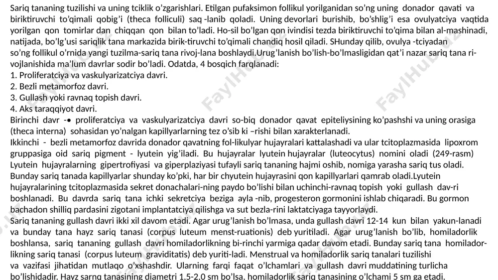 ng sut bezlari to’la differentciallashmagan bo’lishiga qaramay, bir oz bo’lsa ham, sekretciya qobiliyatiga egadir. tug’nlgandan keyin bir necha kun sut bezlari sekretor faoliyatini bosh.-laydi va tarkibi bo’yicha og’iz sutiga yaqin suyuqlik ajratadi. bu jarayon uzoqqa cho’zilmaydi, dastlabki haftalarda tugaydi.balog’at yoshiga etguncha sut bezlari har ikki jinsda bir xil tuzilishga ega bo’lib, rivojlanayotgan epitelial naylar joylash-gan biriktiruvchi to’qimadan iborat. har ikkala jinsda sut bez -larining taraqqiyotidagi farq balog’at yoshiga etganda boshlanadi. siydik pufagi urug’ pufakchalari urug’ pufakchalari urug’ olib ketuvchi yo’lning bo’rtib chiqqan qismidan iborat. pufakchalar yaxshi ifodalangan sekretor funk-tciyasi va ko’p sonli burmalari borligi bilan xarakterlanadi. uning ichki qismida bosh burmalardan tashqari ikkilamchi va uchlamchi burmalarni ajratish mumkin. bu burmalar o’zaro bi-rikib murakkab katakli tuzilma hosil qiladi. urug’ pufakchalarining devorida ham uch parda farqlanadi, shilliq, mushak va tashqi biriktiruvchi to’qima yoki adventitciya pardalari. shilliq parda bir qavatli kubsimon yoki past priz -matik epiteliy bilan qoplangan. epiteliy ostida shilliq pardanyng xususiy …