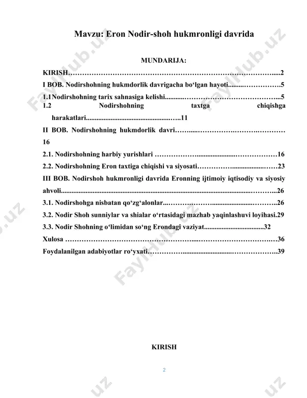 shuningdek nodir-shohning hukmdorlik davri tahlil qilishdan iborat. nodirshoh afshor-qizilboshlilarning afshor qavmidan boʻlgan. xurosonda harbiy qoʻmondon sifatida oʻz faoliyatini boshlagan. 1726-yilda safaviylar shohi taxmasp ii (hukmronlik davri: 1722 — 32) ning harbiy xizmatiga oʻtib, mashhaddan afgʻonlarni quvib chiqargan. hirotdagi afgʻonlarning abdal va xurosondagi turkman qabilalariga qarshi kurashda gʻolib kelgan (1729). eronni bosib olish uchun urush boshlagan usmonli turk sultonligiga qarshi samarali kurashi nodirshohning nufuzini oshirgan (1730—31). taxmasp ii ni taxtdan agʻdarib, uning oʻgʻli abbos iii ni shoh, oʻzini esa unga homiy (regent) deb eʼlon qilgan (1732). turklar bilan urush tugagach, eron shohi boʻlgan (1736). nodirshoh safaviylar davlati oʻrnida eronda markazlashgan yirik davlatga asoslangan imperiya tashkil qilgan. qoʻshni davlatlarga qarshi talonchilik yurishlari oʻtkazib, armaniston, ozarbay-jon, gruziya, dogʻiston, afgʻoniston, belujiston, o‘rta osiyoning katta kismi, shim. hindistonni bosib olgan. buxoro xonligiga qarshi uning yurishi dastlab muvaffaqiyatsiz tugaydi. nodirshohning katta oʻgʻli rizoquli mirza 1200 kishilik lashkari bilan amudaryodan oʻtib, qarshini qamal qilgan. muxammad hakimbiy otaliq …