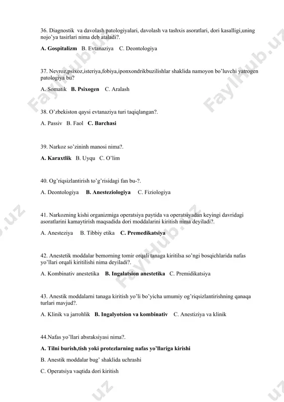 t xantal ushlab turiladi?. a. 5-6 daqiqa b. 3-4 daqiqa c. 10-15 daqiqa 58. bog’lamlarning qanday turlari farqlanadi?. a. qattiq va yumshoq b. isituvchi va sovituvchi c. mahalliy va umumiy 59 .harakatlanayotganda yoki yo’talayotganda qorin bo’shlig’idagi og’riqni kamaytiruvchi narsa ………. *a)bandaj. b)maxsus kiyimlar c)dori vositalari 60.eventratsiya nima? a)yara chetlarining kengayishi b)bintlarning haddan tashqari qon bilan bo’kishi *c)qorin bo’shlig’i a’zolarining jarohat bo’shlig’iga chiqib qolishi. 61.bemor bilan suxbatlashganda ko’pincha xotira buzilganligi ,bunda uzoq muddatli xotira saqlangan va qisqa muddatli xotira susayganligi ,eshitishning, ko’rishning pasayganligi ko’zga tashlanadi. –yuqoridagi belgilar qanday bemorlarga tegishli bo’lishi mumkin? a)ruhiy hasta bemorga *b)keksa bemorlarga. c)yosh bolalarga 62.bemorlarga gastrostoma qo’yish nimaga kerak? *a)ovqatlantirish uchun. b)dori vositalarini organizmga kiritish uchun c)jarohatni davolash uchun 63.gastrostoma naychasi tashqi qismining uzunligi teri ustida kamida necha sm bo’lishi kerak? *a)15 sm b)20sm. c)25 sm 64.bemor tanasining parvarishida terisiga ishlov berish uchun qanday vosita ishlatiladi? a)toza suv b)kamforaning suvdagi eritmasi. *c)spirtning suvdagi eritmasi 65.yotoq yara …