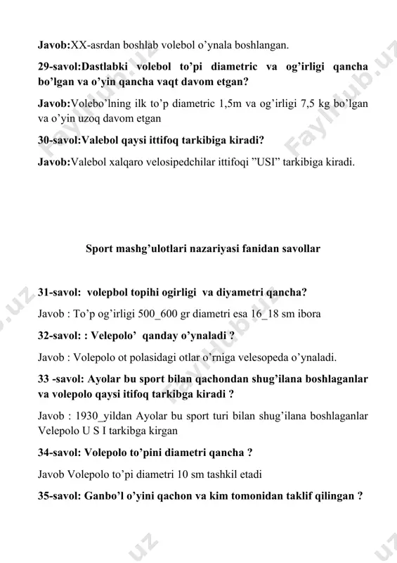 etrli jarima to’pini tepish o’yini inglizcha “penalti” qachon joriy etildi? javob: 1891 yildan 11 metrli jarima to’pini tepish ya’ni “penalti” joriy etildi. 47-savol: futbol maydonida hakamlik qilish qachon joriy etuildi? javob: futbol maydonida hakamlik qilish 1880 yilda joriy etuildi. 48-savol:hushtakni qachon kiritildi va unga qadar hakamlar o’yinni qanday boshqarar edilar? javob: 1882 yulda hushtak kiritildi unga qadar hakamlar o’yinni goh ovoz bilan, goh qo’l harakatlari bilan boshqarar edilar. 49-savol: qachondan angliya, shotlandiya, uels va irlandiyaning mustaqiul futbol ittifoqlari birlashtirildi? javob: angliya, shotlandiya, uels va irlandiyaning mustaqiul futbol ittifoqlari 1882 yil birlashtirildi. 50-savol: futbol gollandiyaga qachon kirib keldi? javob: futbol gollandiyaga 1875 yilda kirib keldi. 51-savol: futbol rossiyaga qachon kirib keldi? javob: futbol rossiyaga 1897 yildakirib keldi? 52-savol: xalqaro futbol assotsiatsiyasi boshqarmasiga qachon asos solingan? javob: xalqaro futbol assotsiatsiyasi boshqarmasiga 1882 yil asos solingan 53-savo: fransiya davlati tashabbusi bilan xalqaro futbol assotsiatsiyasi (fifa) qachon tuzildi? javob: fransiya davlati tashabbusi bilan xalqaro …