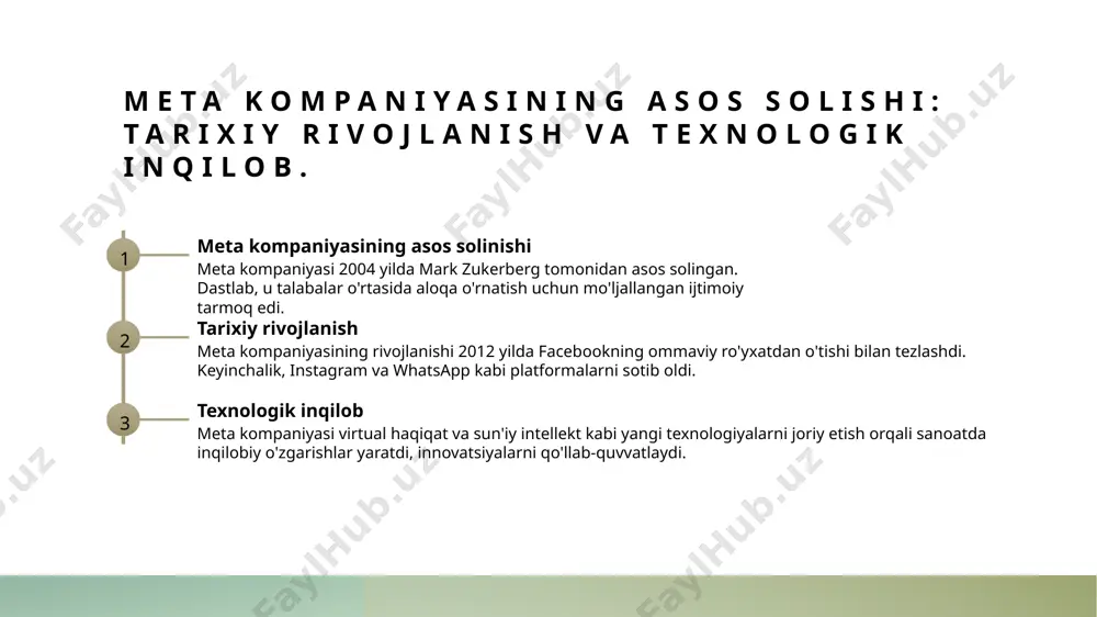 tendentsiyalariga moslashishga intiladi. meta kompaniyasining strategik yo'nalishlari va innovatsion yondashuvlari. strategik maqsadlar innovatsion mahsulotlar bozor strategiyalari meta kompaniyasi global digital platformalar sohasida yetakchilikni maqsad qilib qo'ygan bo'lib, foydalanuvchilarni jalb qilishga qaratilgan. meta, virtual haqiqat va sun'iy intellekt kabi innovatsion mahsulotlarni ishlab chiqish orqali raqobatbardoshligini oshirishga intilmoqda, yangi imkoniyatlar yaratmoqda. meta kompaniyasi, global va mahalliy bozor sharoitlariga moslashish uchun adaptiv strategiyalarni amalga oshirib, o'z foydalanuvchilar bazasini kengaytiradi. global bozor sharoitida meta kompaniyasining raqobatbardosh ustunliklari. 1 innovatsion texnologiyalar - meta kompaniyasi sun'iy intellekt va virtual haqiqiyat kabi innovatsion texnologiyalarni joriy etish orqali yangi imkoniyatlarni yaratmoqda, raqobatbardoshligini oshirmoqda. 2 global brend kuchi - meta, facebook, instagram va whatsapp kabi kuchli brendlarni o'z ichiga olgan holda, global bozorni kengaytirish va foydalanuvchi bazasini oshirishda ustunlikka ega. 3 ma'lumot tahlili - meta kompaniyasi foydalanuvchi ma'lumotlarini chuqur tahlil qilib, marketing strategiyalarini optimallashtirish va shaxsiylashtirilgan xizmatlar taqdim etishda raqobatni kuchaytiradi. markaziy osiyo va o'zbekistonda meta kompaniyasining istiqbolli imkoniyatlari. …