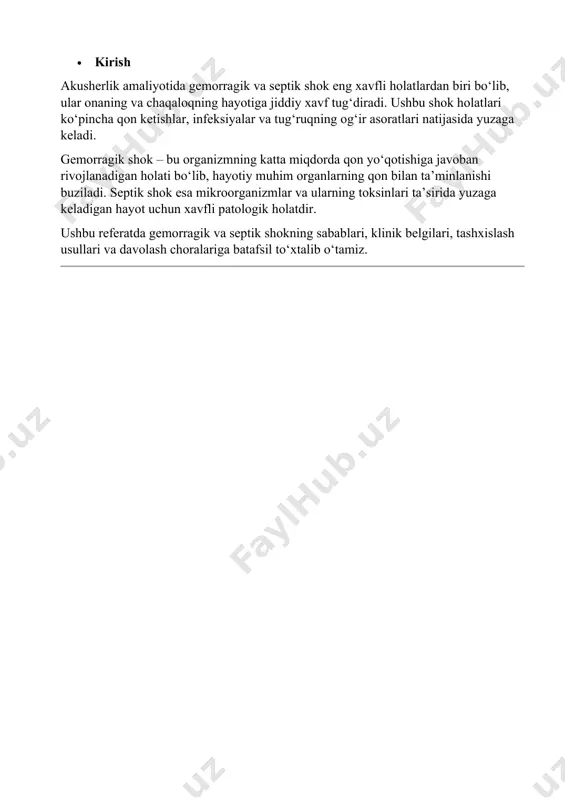 tsion yordam · 5. akusherlikda gemorragik va septik shokni oldini olish choralari · homiladorlik va tug‘ruq vaqtida muntazam tibbiy nazorat · infeksiyalarni oldini olish va tug‘ruqdan keyin antiseptik qoidalarga rioya qilish · qon ketish xavfi yuqori bo‘lgan holatlarda oldindan reanimatsion tayyorgarlik · bachadon kontraktil faoliyatini yaxshilovchi dorilarni qo‘llash · xulosa gemorragik va septik shok – akusherlikdagi eng xavfli holatlar bo‘lib, ularning erta tashxislash va tezkor muolajasi ona va chaqaloq hayotini saqlab qolish uchun muhim ahamiyatga ega. ushbu shok turlarining oldini olish bo‘yicha profilaktika choralari ham juda muhimdir. · foydalanilgan adabiyotlar 1. "akusherlik va ginekologiya" – tibbiyot darsligi 2. jahon sog‘liqni saqlash tashkiloti (jsst) hisobotlari 3. zamonaviy akusherlik amaliyoti bo‘yicha ilmiy maqolalar image1.png
