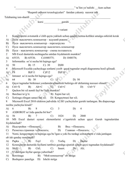 raqamli axborot texnologiyalari fanidan yakuniy nazorat ishi — DOCX