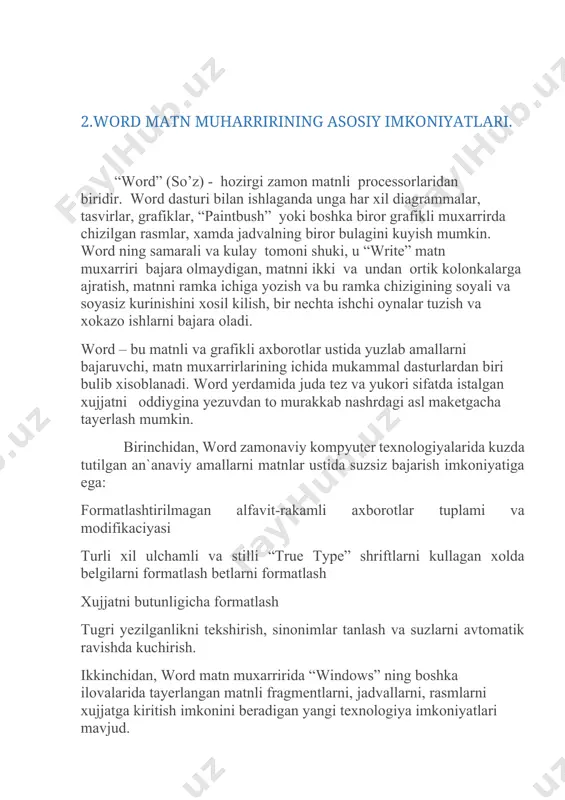 lish, bir nechta ishchi oynalar tuzish va xokazo ishlarni bajara oladi. word – bu matnli va grafikli axborotlar ustida yuzlab amallarni bajaruvchi, matn muxarrirlarining ichida mukammal dasturlardan biri bulib xisoblanadi. word yerdamida juda tez va yukori sifatda istalgan xujjatni oddiygina yezuvdan to murakkab nashrdagi asl maketgacha tayerlash mumkin. birinchidan, word zamonaviy kompyuter texnologiyalarida kuzda tutilgan an`anaviy amallarni matnlar ustida suzsiz bajarish imkoniyatiga ega: formatlashtirilmagan alfavit-rakamli axborotlar tuplami va modifikaciyasi turli xil ulchamli va stilli “true type” shriftlarni kullagan xolda belgilarni formatlash betlarni formatlash xujjatni butunligicha formatlash tugri yezilganlikni tekshirish, sinonimlar tanlash va suzlarni avtomatik ravishda kuchirish. ikkinchidan, word matn muxarririda “windows” ning boshka ilovalarida tayerlangan matnli fragmentlarni, jadvallarni, rasmlarni xujjatga kiritish imkonini beradigan yangi texnologiya imkoniyatlari mavjud. uchinchidan, word – bu maxsus nashriy sistemalarga xos bulgan saxifalashning kupgina amallarini bajarish imkoniyatiga ega bulgan va bosmaxonada keyingi nusxalash uchun asl nusxalar yasaydigan , umumkullaniladigan dasturlardan biridir. turtinchidan, word - bu matnlarni …