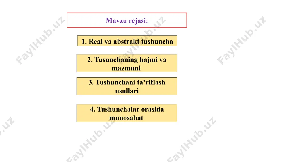 ir jismni geometrik shakl sifatida qarasak, bizni uning shakli, o’lchamlari qiziqtiradi, lekin uning nimadan yasalgani, rangi, og’irligi qandayligi biz uchun ahamiyat kasb etmaydi. ko’pincha abstrakt, ideal ob’yekt ega bo’lgan xossalar real obyektga tegishli bo’la olmaydi. masalan, geometriyada to’g’ri chiziqni cheksiz bo’lish mumkin deb hisoblanadi, real hayotda biror jismni cheksiz ko’p bo’lakka bo’lish mumkin emas, chunki u chekli sondagi atomlardan iborat bo’ladi. 2. tushunchaning hajmi va mazmuni. har qanday tushuncha nom, mazmun va hajmga ega bo’ladi. ob’yektning barcha muhim xossalari to’plami tushunchaning mazmunini tashkil qiladi. masalan, «son» tushunchasi mazmuniga sonlarni taqqoslash, yozuvda ifodalash, son o’qida tasvirlash, sonlar ustida turli arifmetik amallar bajarish kabi xossalar kiradi. bir xil muhim xossalarga ega obyektlar to’plami tushuncha hajmini tashkil etadi. masalan, «son» tushunchasi hajmini natural, nomanfiy, butun, kasr, ratsional, irratsional, haqiqiy, mavhum va kom’leks sonlar tashkil etadi. demak, tushuncha hajmi bitta tushuncha bilan nomlanishi mumkin bo’lgan obyektlar to’plami ham ekan. tushuncha mazmuni uning hajmini aniqlaydi …