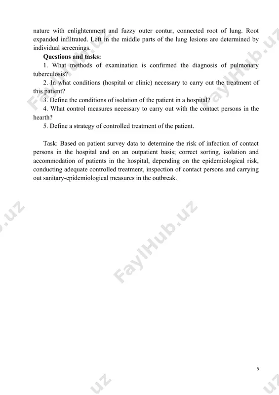 y of controlled treatment of the patient. task: based on patient survey data to determine the risk of infection of contact persons in the hospital and on an outpatient basis; correct sorting, isolation and accommodation of patients in the hospital, depending on the epidemiological risk, conducting adequate controlled treatment, inspection of contact persons and carrying out sanitary-epidemiological measures in the outbreak. methodical instructions for students 2.1. problem: selection of diagnostic tactics, differential diagnosis and determine the need for hospitalization in the direction of patients with infiltrative tuberculosis of the upper lobe of the right lung in the phase of destruction and contamination of bch +. 2.2. the under problem: 1. analysis of appearance 2. an analysis of the anamnesis and the preliminary events, which are the causative factor in the development of focal pulmonary tuberculosis 3. the survey analysis 4. the choice of the necessary diagnostic methods 5. to correlate …