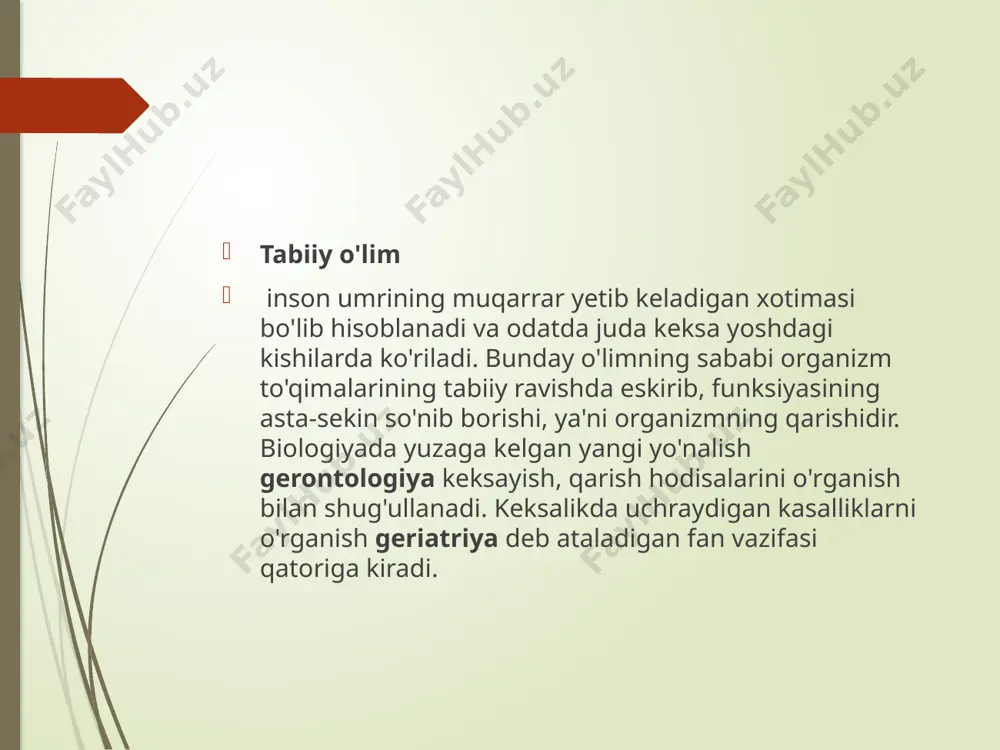 arorati 16-18° bo'lganda o'rta hisobda soatiga 1°dan pasayib boradi. jasad terisidagi nam bug'lanishi hisobiga murda harorati ma'lum vaqtga kelib, atrofdagi havo haroratidan 0,5-3° pastga tushib qoladi. atrofdagi havo harorati 4° dan past bo'lsa, murda sovishdan o'tib, muzlab qoladi. odam qoqshol, sepsis, toshmali tif kasalligidan yoki ba'zi moddalardan zaharlanib, o'lgan bo'lsa, u holda murdaning harorati yurak to'xtagan paytdan keyin ham biroz muddat 40-41° gacha ko'tarilishi va bundan ham oshishi mumkin. murda dog'lari badanning pastda yotgan qismlariga qon okib tushib, to'planib qolishi hisobiga jasad terisining o'ziga xos rangga kirib qolishidir. murda dog'lari yurak faoliyati to'xtaganidan 2-4 soat o'tganidan keyin paydo bo'la boshlaydi. ularning nechog'lik seziladigan bo'lishi organizm to'qimalarining kanday sur'atlar bilan o'lib borganiga bog'liqdir. masalan, odam tez o'lgan hollar uchun tarqalib ketgan katta-katta to'q rangli murda dog'lari xarakterlidir (odam mexanik sabablarga ko'ra bo'g'ilib qolgan, o'tkir koronar yetishmovchilik bo'lgan hollarda). onda-sonda ko'zga tashlanadigan okish murda dog'lari bir talay qon yo'qotishdan keyin, organizm xaddan …