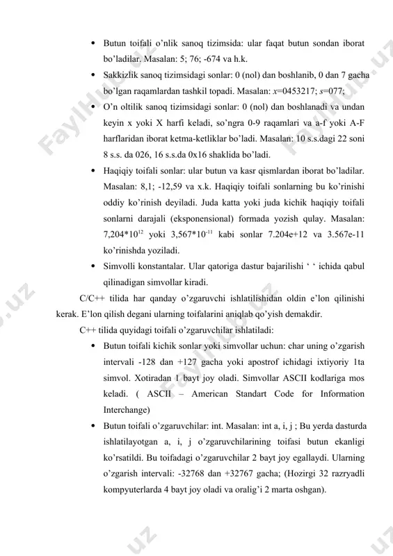 026, 16 s.s.da 0x16 shaklida bo’ladi. · haqiqiy toifali sonlar: ular butun va kasr qismlardan iborat bo’ladilar. masalan: 8,1; -12,59 va x.k. haqiqiy toifali sonlarning bu ko’rinishi oddiy ko’rinish deyiladi. juda katta yoki juda kichik haqiqiy toifali sonlarni darajali (eksponensional) formada yozish qulay. masalan: 7,204*1012 yoki 3,567*10-11 kabi sonlar 7.204e+12 va 3.567e-11 ko’rinishda yoziladi. · simvolli konstantalar. ular qatoriga dastur bajarilishi ‘ ‘ ichida qabul qilinadigan simvollar kiradi. c/c++ tilida har qanday o’zgaruvchi ishlatilishidan oldin e’lon qilinishi kerak. e’lon qilish degani ularning toifalarini aniqlab qo’yish demakdir. c++ tilida quyidagi toifali o’zgaruvchilar ishlatiladi: · butun toifali kichik sonlar yoki simvollar uchun: char uning o’zgarish intervali -128 dan +127 gacha yoki apostrof ichidagi ixtiyoriy 1ta simvol. xotiradan 1 bayt joy oladi. simvollar ascii kodlariga mos keladi. ( ascii – american standart code for information interchange) · butun toifali o’zgaruvchilar: int. masalan: int a, i, j ; bu yerda dasturda ishlatilayotgan a, i, …