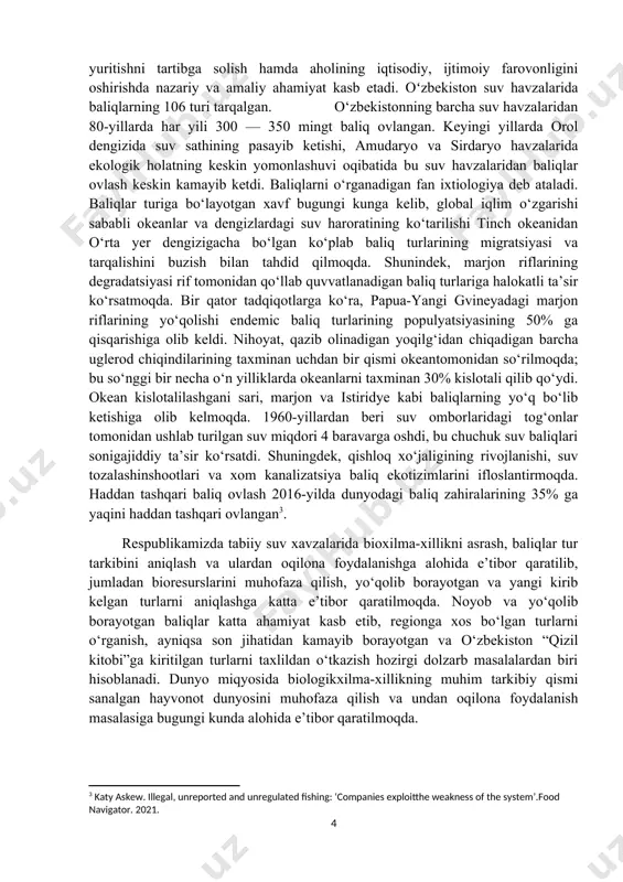 nregulated fishing: ‘companies exploitthe weakness of the system’.food navigator. 2021.] respublikamizda tabiiy suv xavzalarida bioxilma-xillikni asrash, baliqlar tur tarkibini aniqlash va ulardan oqilona foydalanishga alohida e’tibor qaratilib, jumladan bioresurslarini muhofaza qilish, yo‘qolib borayotgan va yangi kirib kelgan turlarni aniqlashga katta e’tibor qaratilmoqda. noyob va yo‘qolib borayotgan baliqlar katta ahamiyat kasb etib, regionga xos bo‘lgan turlarni o‘rganish, ayniqsa son jihatidan kamayib borayotgan va o‘zbekiston “qizil kitobi”ga kiritilgan turlarni taxlildan o‘tkazish hozirgi dolzarb masalalardan biri hisoblanadi. dunyo miqyosida biologikxilma-xillikning muhim tarkibiy qismi sanalgan hayvonot dunyosini muhofaza qilish va undan oqilona foydalanish masalasiga bugungi kunda alohida e’tibor qaratilmoqda. i.bob. baliqlarni ekotizmdagi ahamiyati va tutgan o‘rni 1.1 noyob va yo‘qolib borayotgan baliqlarning bioekologiyasi baliqlar hali paydo bo‘lmagan qadim zamonlarda hayot faqat suvda mavjud bo‘lgan, xolos. o‘sha davrda dengizlar ostida turli xil trilobitlar, molluskalar, bulutlar va chuvalchanglar kabi suv jonivorlari yashagan, quruqlikda esa hayotdan hechqandaya sar yo‘q edi. baliqlar — umurtqalilar kenja tipining jag‘li bosh …