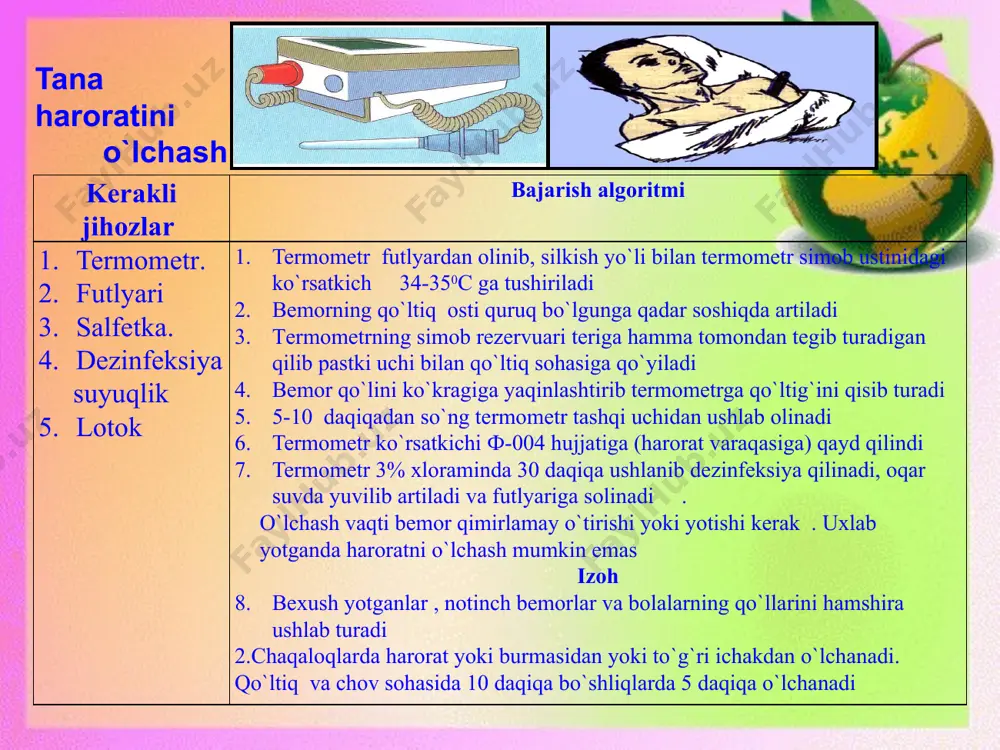 o`lchanadi. qo`ltiq va chov sohasida 10 daqiqa bo`shliqlarda 5 daqiqa o`lchanadi kerakli jihozlar bajarish algoritmi 1.termometr. 2.futlyari 3.salfetka. 4.dezinfeksiya suyuqlik 5.lotok termometrni chov burmasida o`lchash. termometr chov burmasiga qo`yilib , oyoqni chanoq son bo`g`imidan bukiladi haroratni to`g`ri ichakda o`lchash termometr rezervuariga vazelin surtiladi. dumbalar chap qo`lda kerilib , orqa chiqaruv yo`liga 2-3 sm kiritiladi dumbalar 5 daqiqa davomida qisib turiladi. natijada harorat varaqasi yoziladi termometr tozalab yuvilib dezinfeksiya qilinadi haroratni og`iz bo`shlig`ida o`lchash termometr rezervuari tilning pastki yuzasi bilan og`iz bo`shlig`ining orasiga qo`yiladi, o`gzini yumib , termometrni tutib turadi. kerakli jihozlar bajarish algoritmi 1.termometr. 2.futlyari 3.salfetka. 4.dezinfeksiya suyuqlik 5.lotok termometrni chov burmasida o`lchash. termometr chov burmasiga qo`yilib , oyoqni chanoq son bo`g`imidan bukiladi haroratni to`g`ri ichakda o`lchash termometr rezervuariga vazelin surtiladi. dumbalar chap qo`lda kerilib , orqa chiqaruv yo`liga 2-3 sm kiritiladi dumbalar 5 daqiqa davomida qisib turiladi. natijada harorat varaqasi yoziladi termometr tozalab yuvilib dezinfeksiya qilinadi haroratni og`iz bo`shlig`ida …