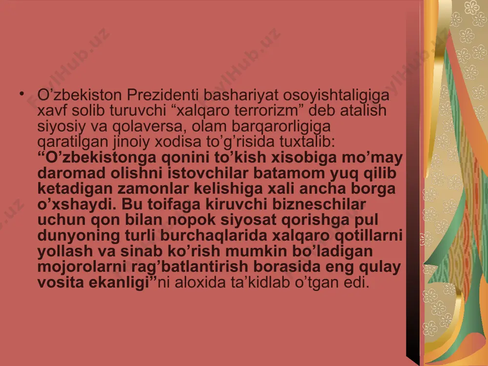 uammolarni xal etish borasidagi tashabbuslari jaxondagi katta siyosatchilar tomonidan qo’llab quvvatlandi. o’zbekiston 1992 yil 2 martda bmtga a’zo bo’ldi. mamlakatimiz prezidenti i. karimov bmt bosh assambleyasi 48 va 50-sessiyalarida so’zlagan nutqlari jaxon xalqi ommasining e’tiborini qozondi,. mamlakatimiz obru-e’tiborini oshirdi. o’zbekistonning mintaqaviy mojorolarni tinch yo’l bilan xal qilish, afgonistondagi urushga barxam berish, markaziy osiyoni yadro qurolidan xali xudud deb e’lon qilish kabi tashabbuslari xalqaro jamoatchiliq tomonidan to’la qo’llab-quvvatlandi. ayniksa, afgonistondagi mojaroni tinch yo’l bilan xal etishga kumaklashish maqsadida tuzulgan 6+2 guruxi, bu guruxning toshkentda bo’lib o’tgan uchrashuvi va unda qabul qilingan dekloratsiya katta e’tiborga molik bo’ldi. mazkur dekloratsiya bmt tomonidan rasmiy xujjat sifatida tarqatildi va bu nufuzli xalqaro tashkilotning bir qator rezolyutsiyalariga asos bo’ldi. o’zbekiston bir qator xalqaro tashkilotlarga a’zo bulb, yevropada xavfsizlik va xamkorlik tashkiloti (exxt) iqtisodiy xamkorlik tashkiloti (eko) bilan esa teng huquqli a’zo sifatida, yevropa ittifoki, nato bilan esa maxsus bitimlar asosida samarali xamkorlik qilib kelmoqda. jumladan, nato …