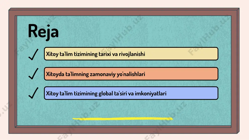 ri: - o'quv dasturlarining nazariy qismiga e'tibor berilishi natijasida amaliy ko'nikmalarni rivojlantirishda muammolar. - stress va bosim, ko'plab talabalar yuqori natijalar uchun kuchli raqobatga duch kelmoqdalar. ta'lim sifatini oshirish uchun takliflar: - o'qituvchilarni muntazam ravishda qayta tayyorlash. - o'quv dasturlarini takomillashtirish va amaliy ta'lim usullarini joriy etish. - talabalarga stressni boshqarish va vaqtni rejalashtirish bo'yicha yordam ko'rsatish. xitoyda ta'limning zamonaviy yo'nalishlari xitoyda ta'lim tizimining uchta asosiy yo'nalishi mavjud: innovatsion texnologiyalarni tadbiq etish, xalqaro ta'lim dasturlarini rivojlantirish va ta'lim sifatini oshirish. bu yo'nalishlar zamonaviy talablarni qondirish va global standartlarga mos kelish uchun muhim ahamiyatga ega. ta'lim sohasida o'zgarishlar ko'rsatkichlari shuni ko'rsatadiki, so'nggi besh yil ichida o'quvchilarning onlayn ta'limga o'tishi 60% ga oshgan. shuningdek, xalqaro ta'lim dasturlarida ishtirok etayotgan talabalar soni 30% ga ko'paygan. innovatsion texnologiyalar, masalan, zoom va moodle kabi onlayn o'qitish platformalari, ta'lim sifatini oshirishga yordam beradi. ular o'quvchilarning interaktiv ishtirokini ta'minlaydi va ta'lim jarayonini yanada qiziqarli va samarali qiladi. …