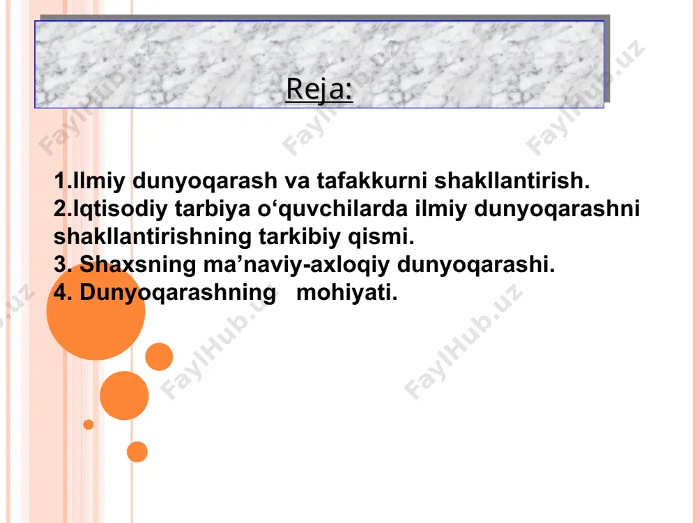 batlar jarayonida faol ishtirok etish natijasida barqarorlik kasb etgan g‘oyalar yotadi. shaxs dunyoqarashini shakllantirish uzoq muddatli, dinamik xususiyatga ega murakkab jarayon sanaladi. bugungi kunda o‘zbekiston respublikasida yoshlarga aqliy tarbiyani berishga alohida e’tibor qaratilmolqda. 1997 yilda o‘zbekiston respublikasi oliy majlisining ix sessiyasida qabul qilingan o‘zbekiston respublikasining «ta’lim to‘g‘risida»gi qonuni va «kadrlar tayyorlash milliy dasturi» mazmunida ham yuksak ma’naviy va axloqiy talablarga javob beruvchi yuqori malakali kadrni tarbiyalash davlat siyosatining ustuvor yo‘nalishlaridan biri ekanligiga urg‘u beriladi. yuksak ma’naviy va axloqiy talablarga javob beruvchi yuqori malakali kadr bo‘lib etishish mavjud ilmiy, shuningdek, kasbiy bilimlarni puhta egallash demakdir. binobarin, chuqur bilimlarga ega bo‘lish tabiiy hamda ijtimoiy jarayonlarning mohiyatini anglash, ularning ijobiy va salbiy jihatlarini ko‘ra va baholay olishga imkon beradi. yoshlarning bilimli, yuksak tafakkur egasi bo‘lish borasidagi qarashlar muhim o‘rin egallagan bo‘lib, ularning intellektual salohiyatini jamiyat taraqqiyotini ta’minlovchi omil ekanligiga alohida urg‘u beriladi. chunonchi, «... ilmu ma’rifat insonni yuksaklikka ko‘taradi. xxi asrda, men ishonaman, …