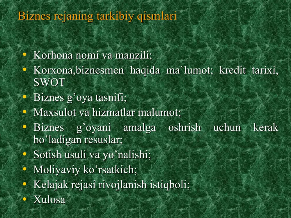 obidan 1 xom ashyo 14 000 000 4 000 000 10 000 000 2 chok mashina 6 ta 6 700 000 6 700 000 x 3 dazmol 1ta 300 000 300 000 x 4 bichuv mashinasi 2ta 1 000 000 1 000 000 x 5 jami 22 000 000 12 000 000 10 000 000 “umid fayz” hususiy korhona tomonidan ishlab chiqriladigan turli xildagi ustki kiyimlarni o’zbekiston hudududagi viloyat, shahar va tumanlarida joylashgan chakana va ulgurji savdo do’konlariga yetkazib beriladi. hizmat ko’rsatish kanali. 1.ulgurji savdo orqali 20% 2.buyurtma 60% 3.chakana savdo orqali 20% ishlab chiqarish rejalashtirilayotgan joyning joylashuvi ishlab chiqarish jarayonini asoslash: а. materialni bichish mahsus texnologiya asosida b. tikish va tikish turlari mahsus texnologiya asosida d. averlog qilish mahsus texnologiya asosida e. dazmol qilish mahsus texnologiya asosida muhandislik inshootlari bilan ta`minlanganligi: transport yo`llari ishlab chiqarish binosi mahalla ichida zaruriy kommunal xizmatlar bilan ta`minlanganligi: elektr tarmog`i bilan ta`minlangan suv va …
