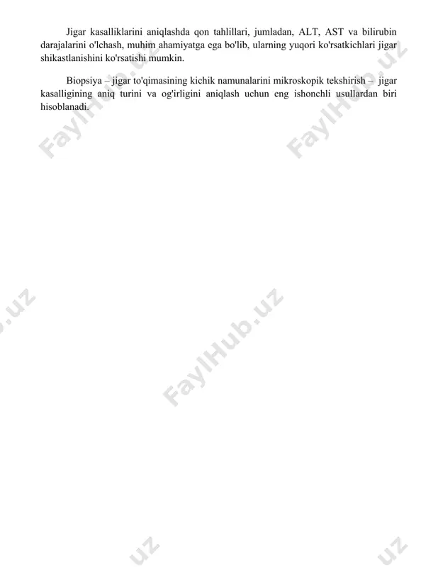 atishi mumkin. biopsiya – jigar to'qimasining kichik namunalarini mikroskopik tekshirish – jigar kasalligining aniq turini va og'irligini aniqlash uchun eng ishonchli usullardan biri hisoblanadi. 📌xulosa jigar kasalliklari turli sabablarga ega bo'lib, o'z vaqtida tashxis qo'yish va davolash muhim ahamiyatga ega. erta aniqlash va to'g'ri davolanish bemorning hayotiy prognozini yaxshilaydi va jiddiy asoratlardan saqlaydi. 📚foydalanilgan adabiyotlar 1. jigar kasalliklari: diagnostika va davolashning zamonaviy usullari. toshkent: medicina nashriyoti, 2022. 2. xolestatsiz jigar kasalliklari. toshkent tibbiyot akademiyasi ilmiy maqolalari to'plami, 2021, №3. 3. virusli gepatitlar: epidemiologiya, profilaktika va davolash. respublika virologiya va immunologiya ilmiy-tadqiqot instituti materiallari, 2020. 4