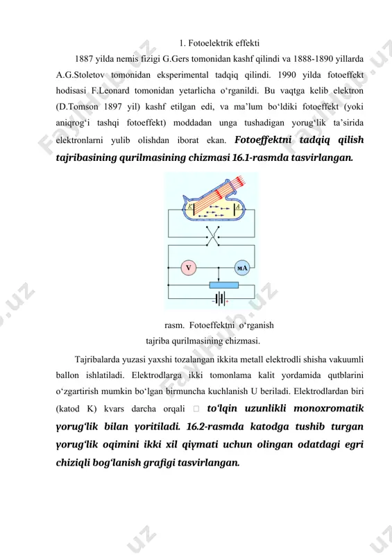 ni to‘xtatadi. kinetik energiyasi |eu| dan katta bo‘lgan elektronlargina anodga yetishi mumkin. agar anoddagi kuchlanish ut, dan oz bo‘lsa, fototok to‘xtaydi. ut ni o‘lchab, fotoelektronlarning maksimal kinetik energiyasini aniqlash mumkin: ut qiymatining tushadigan yorug‘lik oqimi intensivligiga bog‘liq emasligi olimlarni ajablantirdi. o‘lchashlar shuni ko‘rsatadiki, to‘xtatuvchi potensial ( yorug‘lik chastotasi ortishi bilan chiziqli ortib borar ekan. rasm. tuxtatuvchi potensial ut ning tushayotgan yorug‘lik chastotasiga bog‘liqliklik grafigi. ko‘p sonli eksperiment natijalari asosida fotoeffektning quyidagi asosiy qonunlari aniqlandi: 1. fotoelektronlar maksimal kinetik energiyasi yorug‘lik ( chastotasini ortishi bilan chiziqli o‘sib boradi va u yorug‘lik intensivligiga bog‘liq emas. 2. har bir modda uchun fotoeffektning qizil chegarasi mavjud, ya’ni tashqi fotoeffekt hodisasi sodir bo‘lishining (min - eng minimal chastotasi. bundan kichik chastota bilan yorug‘lik tushsa fotoeffekt hosil bo‘lmaydi. 3. vaqt birligi ichida yorug‘lik yordamida katoddan yulib olingan fotoelektronlar soni bu vaqtda yutilgan yorug‘lik to‘lqini energiyasiga to‘g‘ri proporsional. 4. fotoeffekt aslida inersiyasiz, yorug‘lik chastotasi (>(min, bo‘lgan sharoitda …