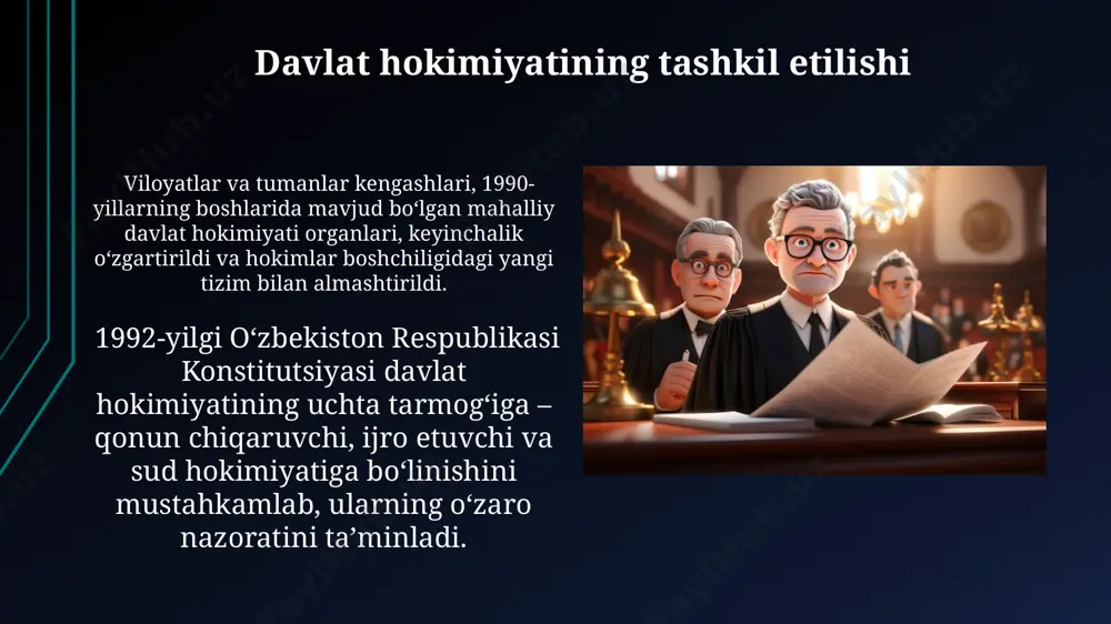 i tashkil etadi, qabul qilingan qonunlarning konstitutsiyaga muvofiqligi masalalarini hal qilishda muhim rol oʻynaydi. oʻzbekiston respublikasi oliy majlisining ikki palatali tizimi, qonunchilik palatasi va senat, 2020 yildan keyin amalga oshirilgan konstitutsiyaviy islohotlar natijasida shakllandi va qonun chiqaruvchi hokimiyatning samaradorligini oshirishga qaratilgan. konstitutsiyaviy huquqlar va erkinliklar 1992-yil konstitutsiyasi oʻzbekiston respublikasida inson huquqlari va erkinliklarini kafolatlovchi 26-moddadan iborat boʻlib, ularning amalga oshirilishi uchun samarali mexanizmlarni belgilaydi. oʻzbekiston respublikasining 20-moddasi fuqarolarning fikr bildirish, yigʻilish va birlashish huquqlarini kafolatlaydi, ammo bu huquqlar 30 dan ortiq odam ishtirok etgan norozilik namoyishlari uchun cheklovlarga ega bo'lishi mumkin. islohotlarning zaruriyati va ahamiyati konstitutsiyaviy islohotlar, xususan, fuqarolarning huquq va erkinliklarini kengaytirish, sud-huquq tizimini takomillashtirish va korrupsiyaga qarshi kurashni kuchaytirish orqali, samarqand va buxoro kabi tarixiy shaharlardagi aholining hayot sifatini yaxshilashga xizmat qiladi. 1992-yildagi o'zbekiston konstitutsiyasi 30 yildan ortiq davom etganidan so'ng, jamiyatning rivojlanishi va globalizatsiya jarayonlariga moslashish uchun yangilanish zarurati yuzaga keldi, bu esa iqtisodiy islohotlarni chuqurlashtirish va …