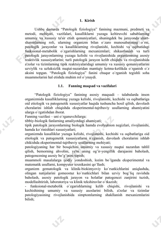 sosida davolash choralari printsiplarini tasavvur etish, hal etishda foydalana olishlik va tatbiq qila olishlikni; -tipik patologik jarayonlar va turli patologiyalarda yuzaga keladigan funktsional o`zgarishlarning sabab-oqibat zanjirini tuza olish va talqin qilishda tahliliy amallarni qo`llashni bilish va ulardan foydalana olish ; -patologiyaning har bir voqealikni umumiy va xususiy nuqtai nazardan tahlil qila bilishlik; kasalliklarning yuzaga kelishi va ko`rinishlarini asosan patofiziologik mexanizmlariga ko`ra diagnostikasi va rivojlanish mexanizmlariga qarab davolash masalalarini to`gri hal qila olishlik; bemorlarning axvolini patogenetik bo`ginini topa olish, baholay olish ko`nikmalariga ega bo`lishi kerak;. -muammoli holatlarni hal etishga ijodiy yondoshish, lozim bo’lganda tajribaviy, matematik usullar, kompyuter texnikasi va boshqa vositalardan foydalana olish malakalariga ega bo`lishi kerak. 2. fanning o`quv rejadagi boshqa fanlar bilan o`zaro bog’liqigi va uslubiy jihatdan uzviyligi “patologik fiziologiya” fani tibbiy-biologik fan hisoblanib, 5- va 6-semestrlarda o`tiladi. dasturni amalga oshirish uchun o`quv rejasida rejalashtirilgan biologik va tabiiy-ilmiy (tibbiyot genetikasi bilan biologiya, odam anatomiyasi, normal fiziologiya, gistologiya, biofizika, bioximiya …