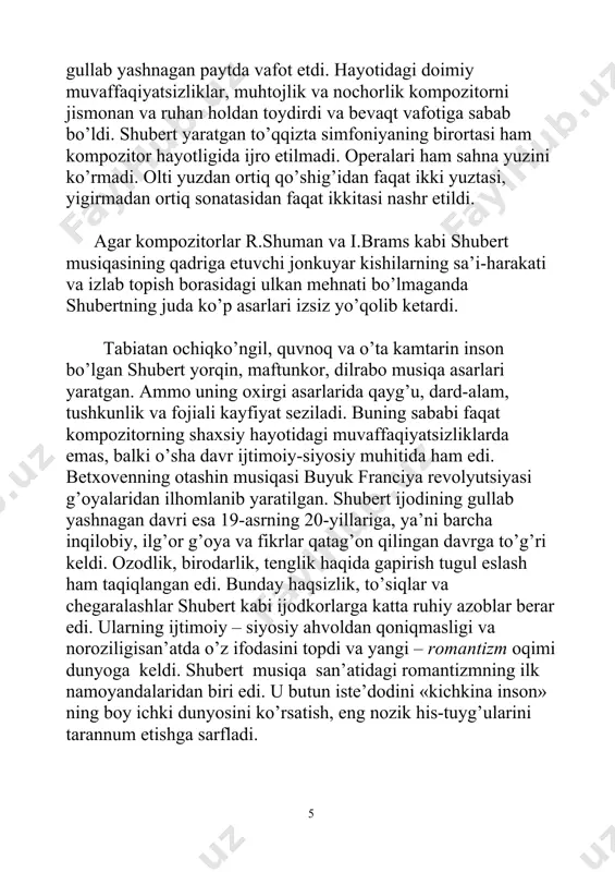 a ijod qilmasin, o’zi yaratgan janrlarda ham , an’anaviy janrlarda ham, barchasida o’zini yangi davr – romantizm davri kompozitori ekanligini ko’rsatdi. uning yangi romantik uslubi keyinchalik shuman, mendelson, list va boshqa kompozitordar ijodida rivojlandi. shubert yaratgan asosiy asardar quyidagilardir: 600 dan ortiq qo’shiqlar, 9 ta simfoniya, 4 ta opera , 4 ta zingshpil, 22 ta torli kvartet, «forel» nomli kvintet, fortepiano uchun 22 ta sonata, ekspromtlar, musiqiy lahzalar, xor va vokal ansambl uchun 100 dan ortiq asarlar, tayanch iboralar. 1. zingshpil - nemischa so’z, «zing» - kuylamoq, «shpil» - o’ynamoq. nemis kulgili operasining bir turi. unda musiqiy nomerlar orasida so’zlashuv dialoglari ham bo’lar edi. 2. musiqiy lahza - fortepiano uchun yoziladigan kichik pesa (miniatyura). birinchi marta shubert ijodida paydo bo’ldi (6 ta musiqiy lahza). 3. miniatyura - fortepiano, ovoz yoki boshqa soz uchun yoziladigan kichik musiqiy asar. 4. ekspromt - lotincha so’z, «tayyor» degan ma’noni bildiradi. badiha uslubida yoziladigan fortepiano …