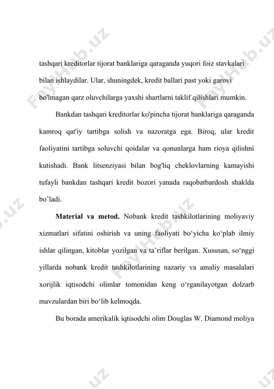 izmatlardan foydalanish imkoniyatini beruvchi tashkilotlardir. ular odatda mintaqaviy yoki mahalliy darajada ishlaydi. investitsiya kompaniyalari: bular mijozlarning pul mablag'larini qimmatli qog'ozlar, aktsiyalar, obligatsiyalar va boshqa moliyaviy vositalarga investitsiya qiluvchi tashkilotlardir. shuningdek, ular boylikni boshqarish, moliyaviy maslahat va boshqa investitsiya xizmatlarini taklif qilishlari mumkin. lombardlar: bu zargarlik buyumlari, elektronika yoki avtomashinalar kabi qimmatbaho buyumlarga qarz beruvchi tashkilotlardir. qarz oluvchi o'z mulkini garov sifatida qoldirib, kredit summasini oladi. kredit byurolari: bular jismoniy shaxslar va korxonalarning kredit tarixi to'g'risidagi ma'lumotlarni to'playdigan va saqlaydigan tashkilotlardir. ular ushbu ma'lumotni kreditorlarga kredit qarorlarini qabul qilishlari uchun taqdim etadilar. faktoring kompaniyalari: bu korxonalardan debitorlik qarzlarini chegirmali narxda sotib olib, keyin ularni undiruvchi tashkilotlardir. ushbu xizmat kompaniyalarga o'z tovarlari yoki xizmatlari uchun mijozlardan to'lovni kutmasdan darhol pul olishga yordam beradi. kredit iste'mol kooperativlari: bu o'z a'zolariga tovar va xizmatlar sotib olish uchun kredit beradigan kooperativ tashkilotlardir. ular o'zaro yordam va hamkorlik tamoyili asosida ishlaydi. bu turli mamlakatlarda mavjud bo'lgan …