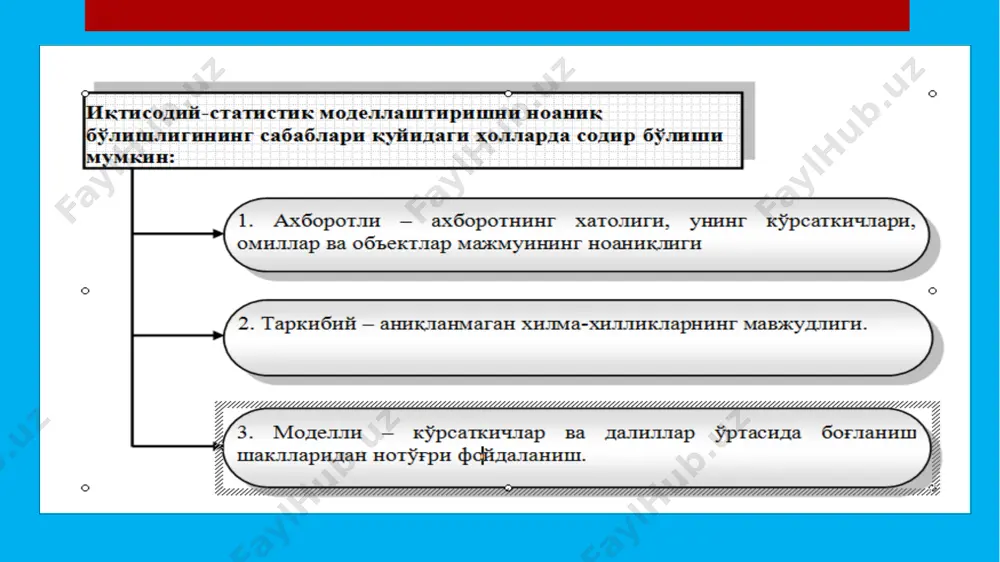 з (кучсиз) боғланган бўлиши зарур. эконометрик моделларга қўйиладиган талаблар моделда кузатилаётганнинг ўзгаришига кучли таъсир қилаётган асосий омиллар қатнашиши керак барча боғлиқ бўлмаган омиллар асосий боғлиқ бўлган омил билан зич боғланган бўлиши керак боғлиқ бўлмаганомиллар ўзаро суст (кучсиз) боғланган бўлиши керак омилларнинг ҳар бир қийматига турли шароитларида натижавий белгининг ҳар хил қийматлари мос келадиган боғланиш корреляцион боғланиш ёки муносабат дейилади. корреляцион боғланишнинг характерли хусусияти шундан иборатки, бунда омилларнинг тўлиқ сони номаълумдир. шунинг учун бундай боғланишлар тўлиқсиз ҳисобланади ва уларни формулалар орқали тақрибан ифодалаш мумкин корреляцион муносабатда эркин ўзгарувчи x белгининг ҳар бир қийматига ( ) эрксиз ўзгарувчи y белгининг ( ) тақсимоти мос келади. агар тўплам ҳажми катта бўлса, белги x ва y ларнинг жуфт қийматлари ва ҳам кўп бўлади ва улардан айримлари тез-тез такрорланиши мумкин. бу ҳолда корреляцион боғланиш комбинацион жадвал (корреляция тўри) шаклида тасвирланади. боғланишлар тўғри чизиқли ва эгри чизиқли бўлади. кўринишда бўлса, чизиқли боғланиш ёки хусусий ҳолда, омил …