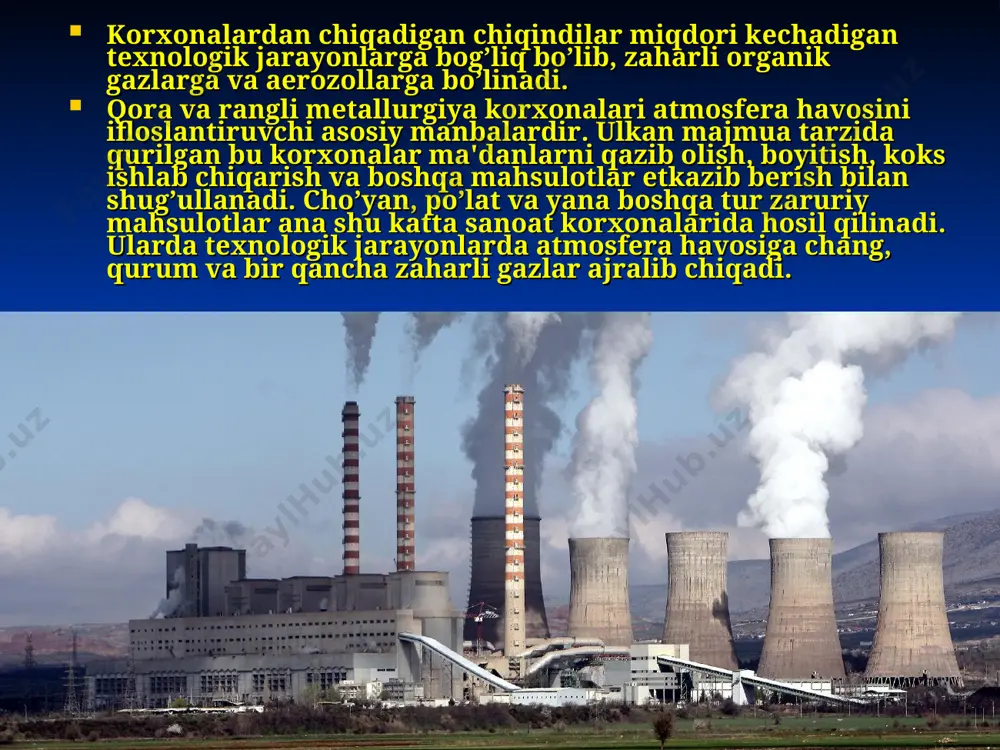 asida gazlar balansining o"zgarishi kuzatilmoqda. atmosferadagi gazlar doimiy miqdori o’zgarishi sayyoramiz uchun salbiy oqibatlarga olib kelishi aniqlangan. oxirgi yillarda atmosferaga o'nlab mlrd tonna karbonat angidrid gazining chiqishi natijasida sayyoramizning o'rtacha harorati 0,5 c oshgaligi aniqlangan. «parnik effekti» natijasida yer yuzi o'rtacha haroratining o’zgarishi og'ir ekologik oqibatlarga olib kelishi bashorat qilinadi. kimyo sanoatida turli xom ashyo turlari ishlatilib, ulardan turli ko`rinishli havoni ifloslovchilar chiqadi. mis, sulfat kislota ishlab chiqarishda atmosferaga oltingugurt (ii) oksidi ajralib chiqadi, bu gaz reaktorda temperatura 450-600 s da so2 ning so3 ga to`liq katalitik oksidlanmasligidan kelib chiqadi. quvvati 200 t/sutka bo`lgan kislota ishlab chiqarish korxonalaridagi atmosferaga ajralib chiqish dozasi yuqori emas. yirik ishlab chiqarish korxonalarida atmosferaga ajralib chiqadigan doza o`n barobar yuqori bo`ladi. sulfat kislotani maydalangan fosfat rudasi bilan qayta ishlash natijasida superfosfat o`g`itlar olinadi. natijada atmosferaga vodorod ftorid va boshqa ftortarkibli gazlar ajralib chiqadi. bundan tashqari g`ishtni pechda kuydirish natijasida ftor bulutlari ajralib chiqadi. kimyo sanoati. …