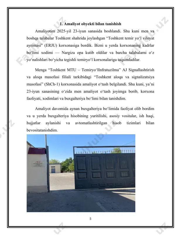 da mavjud bo‘lgan dasturiy ta'minotlar, patentlar, litsenziyalar va boshqa intellektual mulk turlarini o‘z ichiga olgan nomoddiy aktivlar ham muhim xo‘jalik vositalaridan biri hisoblanadi. ular buxgalteriyada “04 – nomoddiy aktivlar” schyotida yuritiladi. 2.6. moliyaviy investitsiyalar ba’zi hollarda korxona o‘zining bo‘sh pul mablag‘larini boshqa tashkilotlarga uzoq yoki qisqa muddatli qarz shaklida yoki aksiyalar ko‘rinishida joylashtiradi. bunday holatlar moliyaviy investitsiya sifatida ko‘rib chiqiladi va “58 – moliyaviy investitsiyalar” schyotida aks ettiriladi. xulosa o‘rnida shuni aytish mumkinki, xo‘jalik vositalari korxonaning iqtisodiy kuchi va samaradorligini aks ettiruvchi asosiy omillardan biri hisoblanadi. ularning to‘g‘ri hisobga olinishi, inventarizatsiyasi va samarali boshqaruvi korxona faoliyatining barqaror va foydali bo‘lishida muhim ahamiyat kasb etadi. amaliyot davomida men bu vositalarning amaliy holatdagi yuritilishi, ularni rasmiylashtirish tartibi hamda buxgalteriya hujjatlari bilan ishlash jarayonlari haqida chuqur tasavvur hosil qildim. 3. korxonada qo‘llaniladigan buxgalteriya hisobi va hisob-varaqalari rejasi bilan tanishish buxgalteriya hisobi – korxona yoki tashkilotda sodir boʻlayotgan barcha xoʻjalik operatsiyalari toʻgʻrisidagi maʼlumotlarni, yoppasiga, …