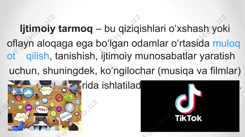 instagram yoki facebook ga kiramiz. bulardan foydalanishning koʻpgina avfzalliklari bor. biz bu ijtimoiy tarmoqlar orqali koʻpgina kerakli maʼlumotlarga ega boʻlishimiz, yangi doʻstlar orttirishimiz, yangiliklardan xabardor boʻlishimiz, yangi narsalar oʻrganishimiz, doʻstlarimiz bilan suxbatlashishimiz mumkin. hattoki hozirgi kunda ijtimoiy tarmoqlar orqali insonlar oʻz bizneslarini rivojlantirish imkoniyatiga ega. ular oʻz maxsulotlarini ijtimoiy tarmoqlar orqali reklama qilib brendlarini tanitish, oʻzlari uchun xaridorlar avditoriyasini yigʻish va yangi maxsulotlarini xaridorlarga eʼlon qilishlari mumkin. bu albatta ijtimoiy tarmoqlardan foydalanishning biz uchun avfzalliklari. ijtimoiy tarmoq—bu qiziqishlari o’xshash yoki onlayn aloqaga ega bo’lgan odamlar o’rtasida muloqot qilish, tanishish, ijtimoiy munosabatlar yaratish uchun, shuningdek, ko’ngilochar ( musiqa, film yoki videoroliklar) va ish maqsadlarida ishlatiladigan onlayn platforma. ijtimoiy tarmoqlarning eng avvalgi shakli elektron e’lonlar taxtasi bo’lib, ularning birinchisi cbbs nomi ostida ibm xodimi u. kristensen tomonidan 1978-yilda yaratilgan. 1983-yilda allaqachon dunyoda 800 ta, 1988-yilda esa 5000 ta elektron doskalar mavjud edi. shu sayin katta tezlik bilan ijtimoiy tarmoqlar va ularning foydalanuvchilari …