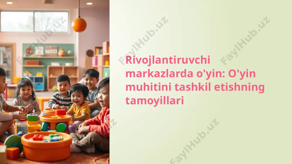 arni o'z ichiga oladi. har bir markaz bolalarning turli qobiliyatlarini (matematika, san'at, til) rivojlantirishga qaratilgan. o'yin jarayonida bolalar erkin kashfiyotlar qilishga undaladi, natijada mahsulotdan ko'ra jarayon qadrlanadi. markazlarda interaktiv eksponatlar va amaliy faoliyatlar orqali bolalar ilm-fan va san'at sirlarini o'rganadilar. 9 misol: play makes sense (saudiya arabistoni) saudiya arabistonidagi "play makes sense" markazi sensorli o'yinlar va san'at faoliyatlari orqali bolalarning motor va til ko'nikmalarini rivojlantirishga urg'u beradi. markaz maxsus xavfsiz vositalar va organik materiallardan foydalanadi, bu bolalar salomatligi uchun muhimdir. ular shaxsiy va guruh bo'lib o'qitish imkoniyatlarini taklif etadi, bu esa har bir bolaning individual ehtiyojlarini hisobga oladi. muloqot va ijtimoiy ko'nikmalarni rivojlantirish uchun sharoit yaratiladi. 10 o'yin muhitini yaratishda muhim jihatlar "bolalarning xavfsizligi va farovonligi - har qanday rivojlantiruvchi markazning asosiy ustuvorligi bo'lishi kerak." xavfsizlik va qulaylik o'yin maydonchalari va materiallari bolalar uchun to'liq xavfsiz va qulay bo'lishi kerak. doimiy yangilanish o'yin vositalari va makonni muntazam ravishda yangilab turish …