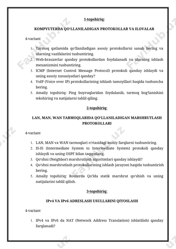 . klient-server modelining uch darajali arxitekturasi (3-tier architecture) qanday ishlaydi? 1. peer-to-peer tarmoqlarda ma’lumotlarning tarqalish usullari qanday? 1. klient-server tizimlarida yuklama balansirovkasi qanday amalga oshiriladi? 1. p2p tarmoqlarda ishlatiladigan markazlashtirilgan indekslash va taqsimlangan indekslash usullari qanday? 1. amaliy topshiriq: virtual mashinalar yoki docker yordamida klient-server arxitekturasi asosida kichik tarmoq loyihasini ishlab chiqing. 5-topshiriq: tarmoqlarni dasturiy va apparat ta’minoti xavfsizligi 4-variant 1. iot (internet of things) qurilmalarining xavfsizlik muammolari va ulardan himoyalanish usullari qanday? 1. tarmoq xavfsizligi protokollari (ipsec, wpa3, ssl/tls) qanday ishlaydi? 1. zero trust security (ishonchsiz xavfsizlik modeli) nima va qanday ishlaydi? 1. dasturiy ta’minotdagi xakerlik hujumlari va ularni aniqlash usullari qanday? 1. amaliy topshiriq: metasploit yoki kali linux yordamida tarmoq xavfsizligidagi zaifliklarni tekshirish bo‘yicha tajriba o‘tkazing (faqat ruxsat berilgan test muhiti ichida). mustaqil ish javoblari 1-topshiriq 4-varitant 1. tarmoq qatlamida qo‘llaniladigan asosiy protokollar va ularning vazifalari: tarmoq qatlamida bir nechta asosiy protokollar mavjud, ularning har biri o'ziga xos …