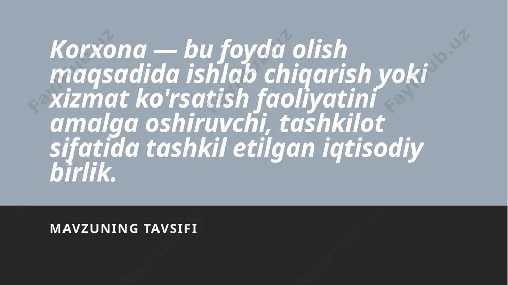resurslarni maksimal samaradorlik bilan ishlatish. raqobatbardosh bo'lish: bozor talablariga moslashib, raqobatchilarga qarshi kurashish. korxona vazifalari (davomi) 28.04.2025 ijtimoiy mas'uliyat: korxona o'z faoliyatida ijtimoiy mas'uliyatni ham ko'zda tutadi, xususan, atrof-muhitni himoya qilish. iqtisodiy barqarorlikni ta'minlash: korxona o'z faoliyatida iqtisodiy barqarorlikni saqlashga harakat qiladi. korxona strukturasining ahamiyati 28.04.2025 tashkiliy struktura — korxonaning samarali ishlashi uchun tuzilma zarur. bu tashkilotning har bir bo'limi va xodimlari o'z vazifalarini bajarishi kerak. struktura turlari: funksional, mahsulot yoki xizmatga asoslangan, yoki bozor bo'linmalari asosida. korxonaning iqtisodiy rolini tahlil qilish korxonalar iqtisodiyotda muhim rol o'ynaydi, chunki ular ish o'rinlarini yaratadi, ishlab chiqarish va xizmat ko'rsatish orqali bozorni to'ldiradi, davlatning daromad manbalariga hissa qo'shadi. 28.04.2025 korxona va tashqi muhit 28.04.2025 korxona o'z faoliyatini tashqi muhit (bozor, iqtisodiy, siyosiy va ijtimoiy sharoitlar) bilan aloqada olib boradi. swot tahlil: korxona faoliyatini baholashda ichki kuchli va zaif tomonlar, tashqi imkoniyatlar va tahdidlar o'rganiladi. korxonaning ichki muhitini boshqarish ichki boshqaruv tizimi, ishlashning samarali …
