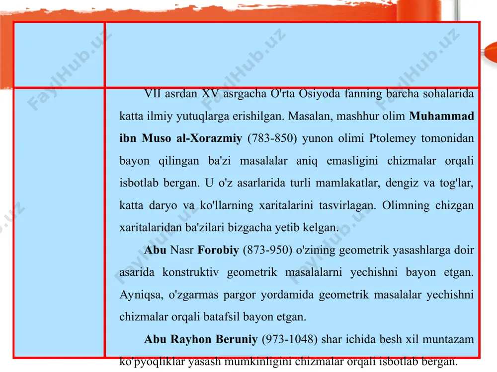 qattiq, o'rtacha qattiq qalamlarga bo'linadi. yumshoq qalamlar yumshoqligiga qarab m, 2m, 3m; qattiq qalamlar qat-tiqligiga qarab t, 2t, 3t; o'rtacha qattiqlikdagi qalamlar esa ct yoki tm bilan belgilanadi. boshqa mamlakatlarda tayyorlangan «koh-i-noor» rusumli qalamlar-ning yumshoqlari b, 2b, 3b; qattiqlari h, 2h, 3h; o'rtachasi hb bilan belgilanadi. chizmalar t yoki 2t qalamda chiziladi. chizmaning ustidan bostirib chizish uchun tm yoki m rusumli qalam ishlatiladi. qalamni ishga tayyorlash. qalamning ochilgan yog'och qismining uzun-ligi 25-30 mm, grafitining uzunligi 8-10 mm bo'lishi lozim (1.6-chizma, a). qalam uchi grafitini may da qum (jilvir) qog'ozdan (1.6-chizma, b) foydalanib, unga ishqalab o'tkirlanadi. sirkulda ingichka chiziqlarni chizish uchun 1.6-chiz­ma, d da ko'rsatilgandek qalamning sterjenini bir tomonlama qumqog'ozga ishqalab o'tkirlanadi. chizilgan chizmaning ustidan bosib chizishda qalam uchi kurak shaklida tayyorlanadi (1.6-chizma, e). hozirgi vaqtda chizmalar chizishda turli yo'g'onlikdagi grafit sterjenli qalamlardan foydalanilmoqda. ingichkaroq sterjenlardan ingichka chiziqlarni, yo'g'onroq sterjenlardan kontur chiziqlarni chizishda foydalanish mumkin. o'chirg'ich (rezinka). chizmachilikda, asosan, yumshoq o'chirg'ichlar …