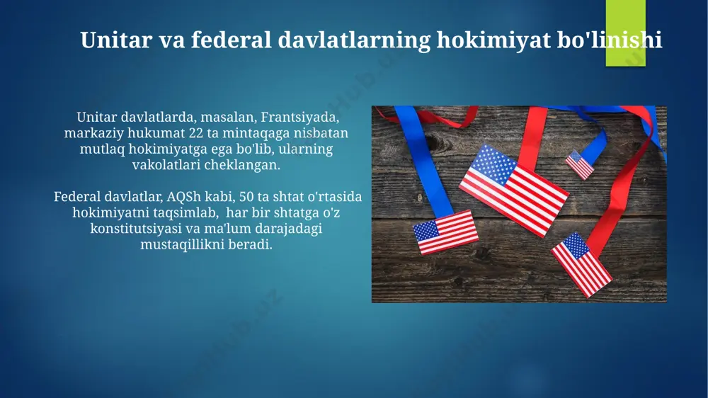 rida o‘tkaziladi, bu yerda har bir okrug bitta deputatni saylaydi. germaniyada, federal respublika sifatida, proporsional vakillik asosida saylovlar o‘tkaziladi, 598 deputatlik o‘rni 16 ta federal shtatlar bo‘yicha taqsimlanadi, shuningdek, qo‘shimcha o‘rinlar ham taqsimlanadi. unitar davlatlarning turlari dekonstratsiyalashgan unitar davlatlar, masalan, buyuk britaniya, mahalliy hokimiyat organlariga kengroq vakolatlar beradi, ammo 4 ta mamlakatni birlashtiruvchi kuchli markaziy hukumat saqlanib qoladi. markaziylashgan unitar davlatlar, masalan, frantsiya, davlat hokimiyatining markaziylashgan tuzilishi bilan ajralib turadi va 13 ta mintaqaga bo'lingan bo'lsa-da, barcha muhim qarorlar parij tomonidan qabul qilinadi. unitar va federal davlatlar o'rtasidagi asosiy farqlar markaziy hukumatning vakolatlari miqyosi jihatidan farq qiladi: unitary davlatlarda (masalan, fransiya), markaziy hukumat 90% dan ortiq vakolatlarga ega, federal davlatlarda (aqsh) esa bu vakolatlar 50/50 ga yaqin taqsimlanadi. konstitutsiyaviy tuzilmalari farq qiladi: unitary davlatlarda bitta asosiy konstitutsiya mavjud bo'lsa, federal davlatlarda (masalan, germaniya, avstraliya) federal va shtat darajalarida alohida konstitutsiyalar yoki konstitutsiyaviy hujjatlar bo'lishi mumkin. federal davlatlarning afzalliklari federal davlatlar, …