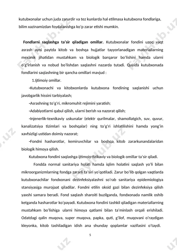 oshiriladi. bundan tashqari kutubxona har oyda changdan tozalanadi. fondning buzilish darajasi unga tushadigan nur oqimining kuchi va davomiyligiga ham bevosita bog‘liq. shuning uchun bino fondda odamlar bo‘lgan paytdagina yoritilishi kerak. fondxonada yoritishning ikki turi mavjud: tabiiy va sun’iy. tabiiysi – quyosh nuri yoki kunduz yorug‘ligi. fond iloji boricha quyosh nuri tushishidan himoyalanishi lozim. quyosh nuri radiatsiyasi axborot tashuvchilarning moddiy asoslarida qaytarib bo‘lmaydigan optik, mexanik, ximiyaviy o‘zgarishlarni keltirib chiqaradi. umumiy qoidalar 1. hujjatlarni konservatsiya qilish saqlash tartibi, stabilizatsiya qilish, restavratsiya qilish va nusxalar tayyorlash orqali ularning butligini taminlaydi. 2. hujjatlarning noyobligi, tarixiy-madaniy ahamiyati, holati va ulardan tez-tez foydalanishga muvofiq ustuvorligini belgilagan holda hujjatlar konservatsiya qilinadi. 3. hujjatlar konservatsiyasini maxsus tayyorgarlikka ega bo’lgan shaxslar bajaradi. hujjatlarni saqlash tartibi 1. hujjatlarni saqlash tartibi yorug’lik, harorat-namlik va sanitariya-gigiyena tartiblarining normative parametrlarini saqlashni taminlaydi. 2. yorug’likda saqlash tartibi 3. hujjatlar qrong’ulikda yoki tarqoq yorug’lik bilan yoritilgan holda saqlanadi. hujjatlarni quyoshning tik nurlari bilan yoritilishuga yo’l …