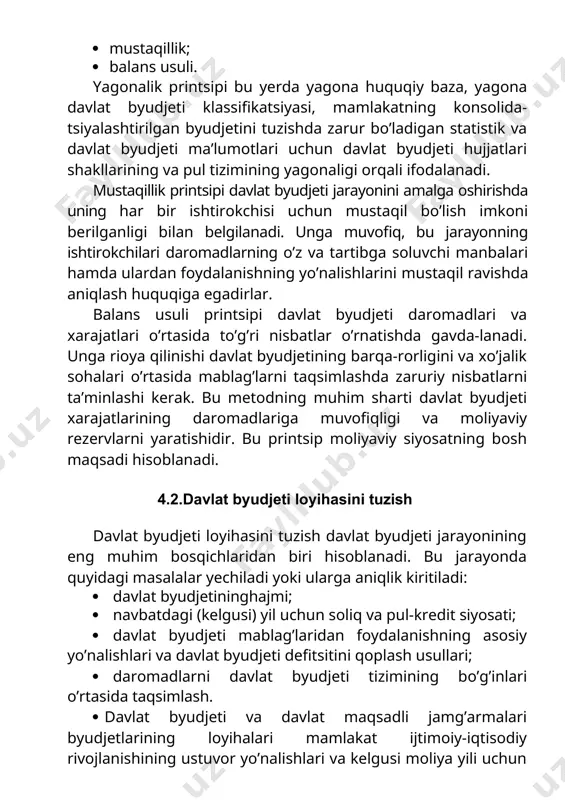 haqida axborot beriladi. davlat byudjeti loyihasini tuzish (yaratish, ishlab chiqish)da quyidagi maqsadlar kun tartibiga qo’yiladi: · iqtisodiyotning samaradorligini oshirishda byudjet-ning faol ta’sirchanligini ta’minlash; · moliyaviy va boshqa resurslarning hukumat iqtisodiy va ijtimoiy dastur-bashoratlari bilan muvofiqligiga erishish; 98 “o‘zbekiston respublikasining byudjet kodeksi” 84 modda: t.: “adolat”, 2014 y. - 9-b.99 “o‘zbekiston respublikasining davlat byudjeti kodeksi” 83 modda: t.: “adolat”, 2014 y. - 9-b. · mablag’larni sarflashda zaruriy proportsiyalar va ustuvorliklar o’rnatish; · davlat byudjeti defitsitini qoplash uchun manbalarni qidirib topish. o‘zbekiston respublikasi moliya vazirligi har yili 15 aprelga qadar kelgusi davr uchun davlat byudjeti so’rovini tuzish tartibini: o‘zbekiston respublikasining respublika byudjeti loyihasini tayyorlash uchun — davlat byudjeti mablag’larini taqsimlovchilarga; qoraqalpog’iston respublikasi byudjeti, viloyatlar va toshkent shahar mahalliy byudjetlari loyihalarini tayyorlash uchun — qoraqalpog’iston respublikasi vazirlar kengashiga, viloyatlar va toshkent shahar hokimlariga; o‘zbekiston respublikasi moliya vazirligi o‘zbekiston respublikasi davlat soliq qo’mitasi, o‘zbekiston respub-likasi davlat bojxona qo’mitasi va boshqa vazirliklar, davlat qo’mitalari hamda …