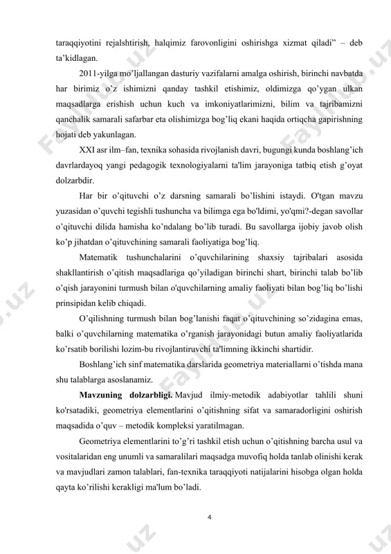 asoslanamiz. mavzuning dolzarbligi. mavjud ilmiy-metodik adabiyotlar tahlili shuni ko'rsatadiki, geometriya elementlarini o’qitishning sifat va samaradorligini oshirish maqsadida o’quv – metodik kompleksi yaratilmagan. geometriya elementlarini to’g’ri tashkil etish uchun o’qitishning barcha usul va vositalaridan eng unumli va samaralilari maqsadga muvofiq holda tanlab olinishi kerak va mavjudlari zamon talablari, fan-texnika taraqqiyoti natijalarini hisobga olgan holda qayta ko’rilishi kerakligi ma'lum bo’ladi. tadqiqotning ishlanganlik darajasi: geometrik elementlarini o’rgatish metodikasi masalalari bilan m.i.mo’ro, a.s.pchyolko, a.m.pishkolo, l.i.skatkin, m.a.bantova, a.a.stolyar, b.a.drozd, a.sh,levenberg, n.u.bikbayeva, r.i.sidel’nikova, g.a.adambekova, p.i.sorokin. m.e.jumayev, z.g’.todjiyeva va bir qancha olimlar, shu jumladan ilmiy tekshiruv institutining hodimlari shug’ullanganlar. n.u.bikbayeva, r.i.sidel’nikova, g.a.adambekova “boshlang’ich sinflarda matematika o’qitish metodikasi” da (toshkent: o’qituvchi 1996 yil) geometrik materialni o’rgatishning nazariy asoslarini ochib bergan va boshlang’ich sinflarda geometrik materialni o’rgatishdan ko’zda tutilgan asosiy maqsadlarni sanab o’tgan. a.sh,levenberg “boshlang’ich sinflarda geometriyadan grafik laboratoriya ishlari” (toshkent: o’qituvchi 1983 yil) nomli o’qituvchilar uchun o’quv qo’llanmasida boshlang’ich sinflarda geometrik materialni o’rgatishda foydalaniladigan amaliy ishlarga misollar keltirgan …