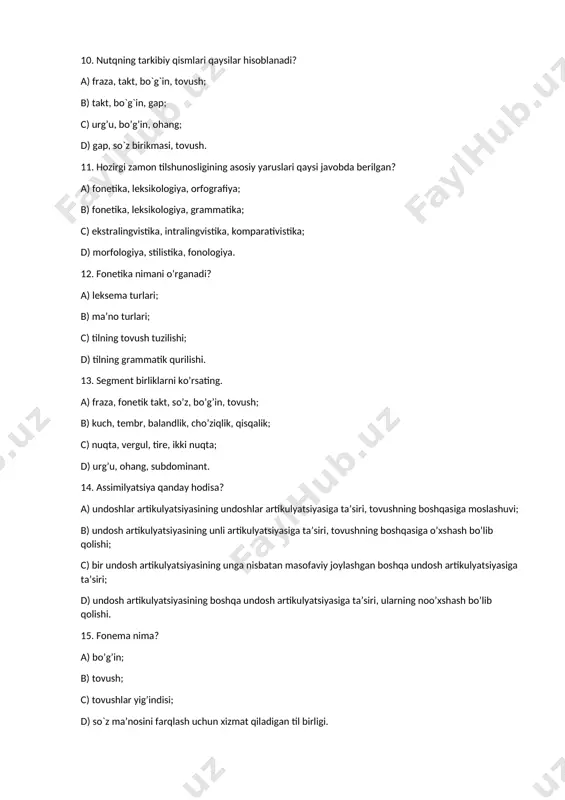 qning tarkibiy qismlari haqida gapiring? 2-topshiriq. quyidagi so’zlarni fonetik jihatdan tahlil qiling. tup-tub; quy-qo‘y; sut-sud;- paronimlar fonemaga misol go’sht-go’sh; g’isht-g’ish; toshkent-toshken yog’och-og’och; bilim-ilm. ;talaffuzda undoshlar tushib qolyapti diareza stakan-istakan; stolovoy-istolovoy; prateza sodir bolgan daryo-dayro; yomg’ir-yog’mir; metateza 3-topshiriq. test 1. til tizimini tashkil etuvchi asosiy sathlar qaysilar? a) tipologik, qiyosiy-tipologik fonetika, fonologiya; b) fonologiya, morfemika, grammatika; c) fonetik-fonologik, lug‘at, grammatika; d) sintaktika, leksika, etimologiya. 2. fonetik qonuniyatlar davriy nuqtai nazardan nechaga bo‘linadi? a) uchga; b) ikkiga; c) to‘rtga; d) beshga. 3. ikki fonemaning yaxlit bir fonema sifatida birlashishi nima deb yuritiladi? a) divergensiya; b) konvergensiya; c) assonans; d) alliteratsiya. 4. bir fonemaning ikki mustaqil fonemaga ajralishi qanday nomlanadi? a) assonans; b) divergensiya; c) alliteratsiya; d) konvergensiya. 5. ovoz paychalaridan pastki qismda joylashgan nutq a’zolari to`liq va to’g’ri ko’rsatilgan qatorni belgilang. a) o’pka, nafas olish yo’llari, kekirdak, bo’g’iz qopqog’i; b) o’pka, nafas olish yo’llari, bo’g’iz qopqog’i, yumshoq tanglay; c) nafas olish yo’llari, …