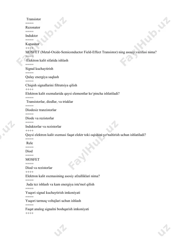 sh orqali tranzistorni yoqadi ==== kollektor orqali yuqori kuchlanish berish tranzistorni faollashtiradi ==== emitter orqali kuchlanishni boshqarish tranzistorni yoqadi ++++ bipolyar tranzistorli elektron kalitda o‘tish jarayoni qanday ta’riflanadi? ==== tranzistorni yoqish va o‘chirish jarayonida kuchlanishning tez o‘zgarishi ==== tranzistorning sig‘imi o‘zgarishi ==== kollektor oqimining doimiy bo‘lishi ==== baza kuchlanishining uzluksiz o‘zgarishi ++++ bipolyar tranzistorning baza-emitter kuchlanishi qanday ta’sir ko‘rsatadi? ==== agar baza-emitter kuchlanishi ma’lum bir qiymatdan oshsa, tranzistor yoqiladi ==== agar baza-emitter kuchlanishi ma’lum bir qiymatdan past bo‘lsa, tranzistor yoqiladi ==== baza-emitter kuchlanishi faqat oqimni boshqaradi ==== baza-emitter kuchlanishi faqat signalning amplitudasini o‘zgartiradi ++++ bipolyar tranzistorli kalit sxemasi qaysi holatda ishlaydi? ==== saturatsiya holatida, ya’ni tranzistor to‘liq yoqilgan holda ==== agar tranzistorning baza-emitter kuchlanishi noldan kichik bo‘lsa ==== agar kollektor-emitter kuchlanishi yuqori bo‘lsa ==== agar tranzistorning baza kuchlanishi juda past bo‘lsa ++++ tranzistor-tranzistorli mantiq elementlar nima? ==== tranzistor-tranzistorli mantiq elementlar - raqamli mantiq elementlar bo‘lib, ular tranzistorlar yordamida amalga oshiriladi …