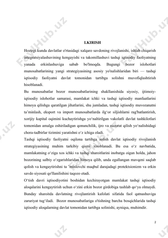 ab qo‘ya olmaydi. bunday sharoitda davlatning rivojlantirish kafolati sifatida faol qatnashuviga zaruriyat tug‘iladi. bozor munosabatlariga o'tishning barcha bosqichlarida tashqi iqtisodiy aloqalarning davlat tomonidan tartibga solinishi, ayniqsa, muhimdir. bu esa, birinchi navbatda, tashqi savdo va tashqi iqtisodiy faoliyatning boshqa shakllarini tartibga solish mexanizmlarini o‘zgaruvchan ichki va tashqi sharoitlarga muntazam moslashtirib borishni, ya’ni oqilona tashqi iqtisodiy siyosat yurgizishni talab etadi. bozor iqtisodiyoti sharoitida, bozor munosabatlarining asosiy tamoyillari amalda bo‘lishi davlat tomonidan, mamlakat iqtisodiy havfsizligini ta’minlash va umummilliy manfaatlami himoya qilish, tashqi iqtisodiy faoliyat(tif)ni tartibga solish maqsadida amalga oshiriladi. tifni tartibga solish bo‘yicha davlat organlarining faoliyati deyarli barcha mamlakatlarda amalga oshiriladi. lekin bu faoliyatning ko‘lami, shakllari va usullari, aniq maqsad va vazifalari har bir mamlakatning hududiy jihatdan katta-kichikligidan, jahon xo'jaligida tutgan o‘rni, tashqi va ichki siyosatidan kelib chiqqan holda belgilanadi. erkin bozor munosabatlariga asoslangan demokratik davlat, fuqarolik jamiyatini qurayotgan o‘zbekiston respublikasi uchun iqtisodiy islohotlar strategiyasining asosiy yo'nalishlaridan biri jahon xo'jaligiga a’zo davlatlar bilan …