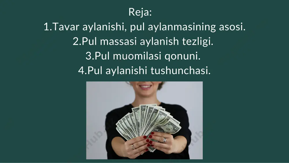 adi. pul muomalasining tezligi pul aylanishining muhim tavsifnomasi hisoblanadi. bu shu bilan bog'liqki, muayyan vaqt davomida (masalan, yil davomida) har bir pul birligi aylanishining soni qanchalik ko'p bo'lsa, iqtisodiyotning normal faoliyat yuritishi uchun zarur bo'lgan pul mablag'larining miqdori shunchalik kam bo'ladi. amalda pul massasi muomalasining tezligi daromad muomalasining tezligini ko'rsatadi. etiboringizetiboringiz uchunuchun raxmatraxmat