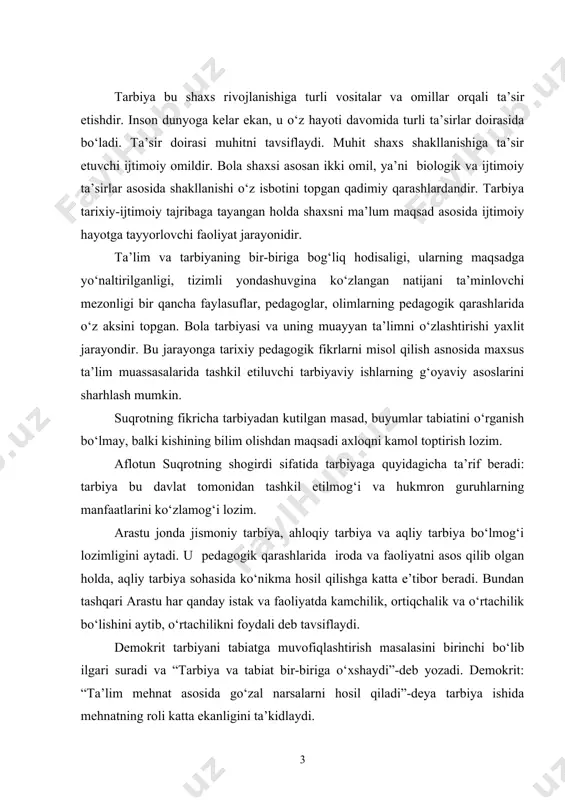 l bolalar ta’limi bilan bir qatorda olib borilgani ma’qul; -ta’lim-tarbiya mehnat tarbiyasi bilan uyg‘un holda olib borilsa, yaxshi natija beradi; -jismoniy va ahloqiy tarbiya bilan bir qatorda nafosat tarbiyasini amalga oishirish lozim. kurs ishining maqsadi: ta’lim muassasalarida tashkil etiladigan tarbiyaviy ishlar mazmunini yoritish kurs ishining ob’ekti: ta’lim muassasalarida tashkil etiladigan tarbiyaviy ishlar jarayoni. kurs ishiningpredmeti: ta’lim muassasalarida tashkil etiladigan tarbiyaviy ishlar metod va vositalari. kurs ishiningvazifalari: 1. tarbiya va uning mohiyati va maxsus ta’lim muassasalarida tarbiyaviy ishlarni tashkil etishning g‘oyaviy asoslarini ochib berish. 2. maxsus ta’lim muassasalarida tarbiya yo‘nalishlari va ularning maqsad va vazifalarini tahlil qilish. 3. maxsus ta’lim muassasalarida tarbiyaviy ishlarning turlari va ularni rejalashtirish mazmunini yoritib berish 4. maxsus ta’lim muassasalari tarbiyachilari faoliyatiga qo‘yiluvchi zamonaviy talablar mazmunini ko‘rsatib berish. kurs ishining metodologik asoslari: o‘zbekiston respublikasining konstitutsiyasi; “ta’lim to‘g‘risida”gi qonun va “kadrlar tayyorlash milliy dasturi”, “sog‘lom avlod” davlat dasturi; yosh avlodni shakllantirish to‘g‘risidagi vazirlar mahkamasi tomonidan chiqarilgan qarorlar; yoshlarda …