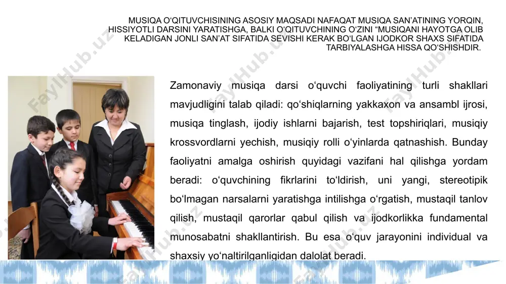 beradi, balki uni uslubiy ijodga ham ruhlantiradi. inversiya usuli qor to‘pi usuli — musiqa yaratish turlarining kombinatsiyasi orqali o‘rganish usuli. hissiy kontrastlar usuli reintonatsiya usuli, uning mohiyati o‘zgarish va rivojlanish jarayonida o‘quvchilar tomonidan musiqaning ma’nosini intonatsiya orqali tizimli ravishda ochib berishdir. allaqachon tuzilgan biror narsani tuzish usuli. uning mohiyati — quyidagi talablardan iborat: – “bilimlarni egallash va o‘zlashtirishda mustaqillik; – ijodkorlik (o‘quvchi musiqiy tajriba va tasavvurga, fantaziya va sezgiga tayanib, taqqoslaganda, o‘zgartirganda, tanlaydi, yaratadi va hokazo); – eshitish qobiliyati va eng muhimi, musiqani ijodiy talqin qilish. sessiya bo‘yicha savollaringiz… ishtirokingiz uchun rahmat! image9.svg image6.png image11.svg image7.png image8.png image9.png image10.png image1.png image2.svg image2.png image4.svg image3.jpeg image4.png image7.svg image5.png image11.jpeg image12.png image13.png image14.png image15.jpeg image16.png image17.png image18.png image19.png image20.png image21.png image22.jpeg image23.jpeg image24.jpeg image25.png image21.svg /docprops/thumbnail.jpeg