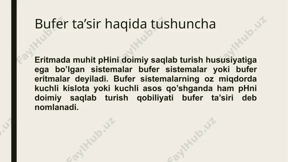 yonlarining o’zgarishi natijasida ko’p miqdorda kislota yoki asos xossali moddalarning hosil bo’lishi; 3) kislota yoki asos xossasiga ega moddalarning buyrak orqali chiqarilishining buzilishi. kislota-asos muvozanatining buzilishi; 1. nafas atsidozi – o’pkaning gipoventilyatsiya bo’lib, co2 aylanishi kamayadi, qonda kislotalilik h+ ortadi. 2. nafas alkalozi – o’pkaning giperventilyatsiyasi bo’lib, co2 aylanishi ko’payadi, qonda kislotalilik h+ kamayadi. 3. metabolik atsidoz – moddalar almashinuvi jarayonlarining buzilishi bo’lib, kislotalilik ko’payadi. e’tiboringiz uchun rahmat!!! foydalanilgan adabiyotlar: 1. s.m. masharipov; x.s. tadjiyeva; sh.m. masharipova. tibbiy kimyo. 2018 yil. 2. s. qosimova; s. masharipov. umumiy va bioorganic kimyodan amaliy mashg’ulotlar. 2005 yil. 3. n.t. olimxo’jayeva. bioanorganik va fizkalloid kimyo. 2005 yil. image1.jpeg image2.jpeg image3.jpeg image4.jpeg image5.jpeg image6.jpeg image7.jpeg image8.jpeg image9.jpeg image10.jpeg image11.jpeg 2715_jw_121612 rees_f1-an10-2 /docprops/thumbnail.jpeg