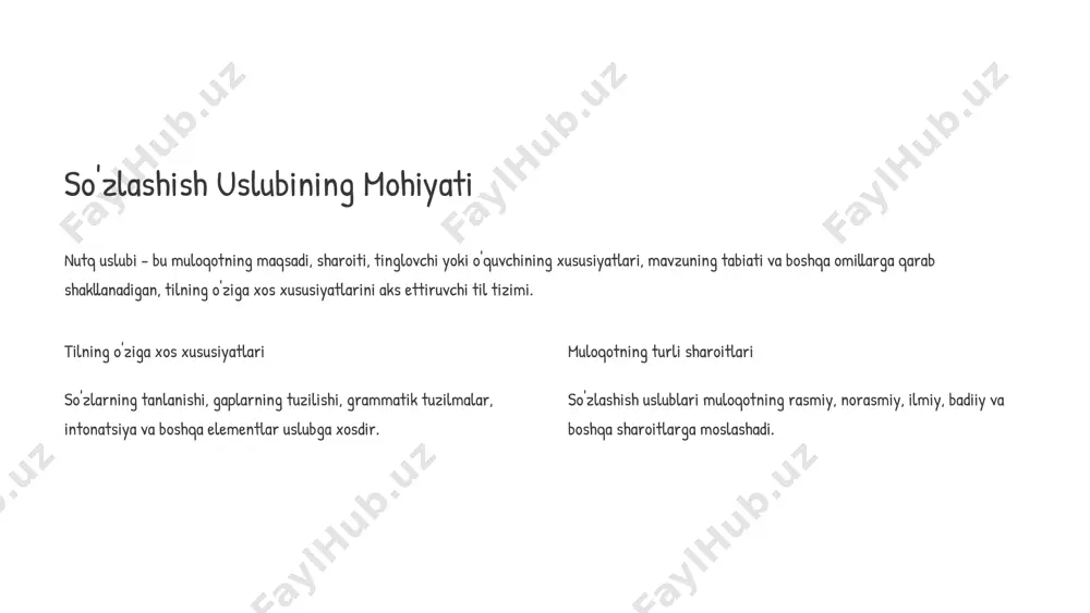 otlarni etkazish uchun ishlatiladigan, aniq, aniq va tushunarli til uslubi. aniqlik va tushunarlilik ilmiy uslubda ma'lumotlar aniq, tushunarli va isbotlangan bo'lishi kerak. ishlatilgan atamalar, tushunchalar va ma'lumotlarning aniqligi muhim. ob'ektivlik va neytrallık ilmiy uslubda sub'ektiv fikrlar va his-tuyg'ularga joy yo'q. ilmiy ma'lumotlarni ob'ektiv va neytral tarzda taqdim etish kerak. manba ko'rsatish ilmiy uslubda ishlatilgan ma'lumotlarning manbalarini ko'rsatish, ularga tegishli havolalarni qo'shish zarur. 5 badiiy uslub badiiy uslub - bu san'at asarlari orqali his-tuyg'ular, tasavvurlar, obrazlar va g'oyalarni ifodalash uchun ishlatiladigan til uslubi. badiiy uslubda she'riylik, jonli tasvirlar, metaforalar, qiyoslar, turli badiiy vositalar keng qo'llaniladi. 1 she'riyat she'riyatda tilning badiiy imkoniyatlari keng qo'llaniladi, she'riylik, ohang, rithm, tasvirlilik va boshqa badiiy vositalar orqali g'oyalar va his-tuyg'ular ifodalanadi. 2 nasr nasrda voqealar, qahramonlar, muhit, his-tuyg'ular va boshqa elementlarni jonli va tasvirli tarzda aks ettirishga e'tibor qaratiladi. 3 drama drama asarlarida til sahna uchun mo'ljallangan bo'lib, dialoglar, monologlar, xarakterlarning nutq uslubi, his-tuyg'ulari va motivatsiyalarini …