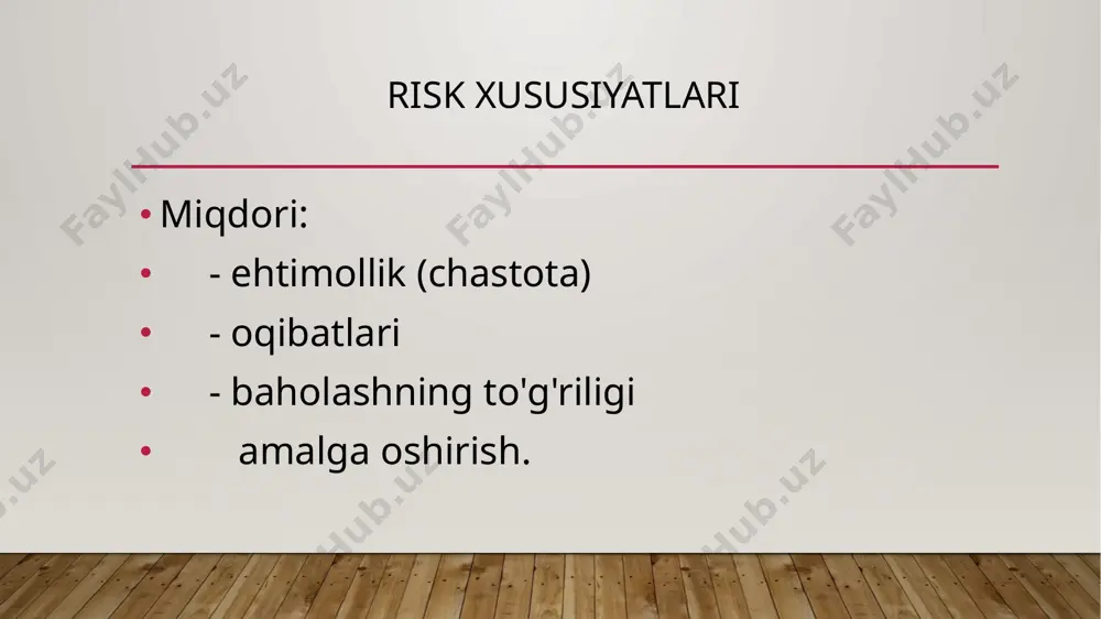 tegishli tashqi va ichki omillar chiziqlar - himoya qilinadigan barcha xavf ob'ektlari qator va ustunlar kesishishidagi katakchalarda - formulaga muvofiq o'ziga xos xatarlar: yo'qotishlarning kattaligi va ularning ehtimolligi. 2-usul vertikal o'q bo'yicha ehtimollik mezonlari gorizontal o'qda - oqibatlar mezonlari (ahamiyatsiz, minimal, tanqidiy, halokatli) risk kartasi ehtimollik mezonlari 1 dan 5 gacha darajalar berilgan (tavsiflangan) buning oqibatlari mezonlari - 1 dan 4 gacha (pul ko'rinishida va vaziyatning tavsifi bilan) xarita ma'lum bir xavf ob'ektlariga ma'lum omillarning ta'siri natijasida aniq yo'qotishlarni aniq tasvirlashga imkon beradi. vaqt o'tishi bilan xavf o'zgarishi dinamikasini yoki turli xil stsenariylarni aks ettiradigan uch o'lchovli xaritalar qurilishi mumkin. prestige (p) - метод объем статистических данных (n) статистический > 100 вероятностно-статистический 1-100 теоретико-статистический < 1 (редкие события) hodisalarning chastotasini (takroriyligini) baholash usullari statistik usul ehtimoliy-statistik usul zararni baholash usullari statistik tahlil tartibga solish usullari so'rov usullari: wtp (to'lashga tayyorlik - to'lashga tayyorlik) va wta (qabul qilishga tayyorlik - qabul …